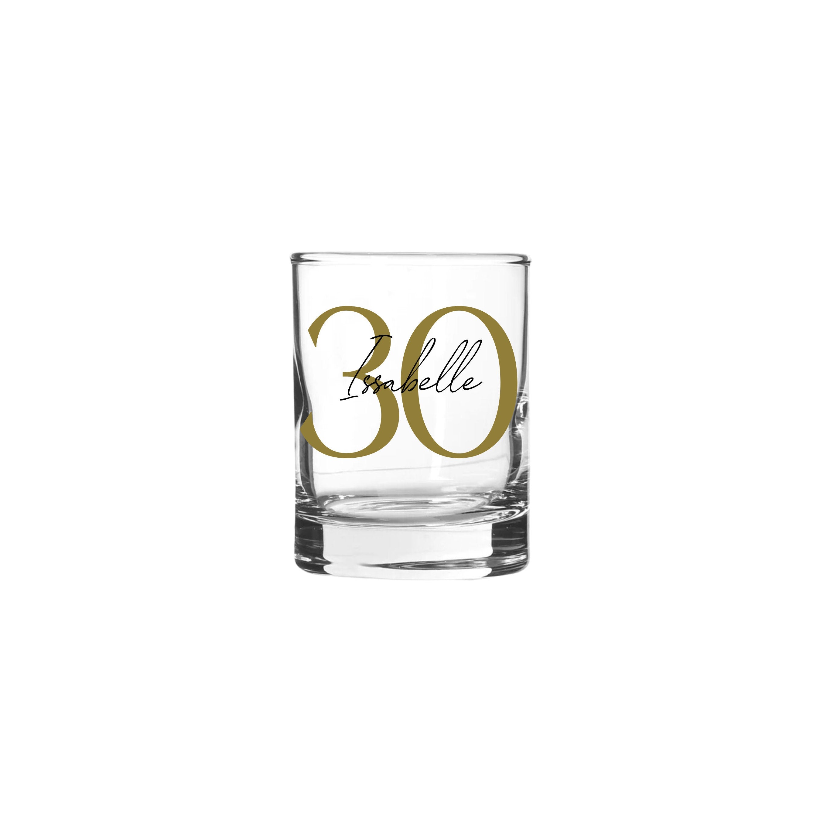  Personalised 65ml shot glass with gold number 30 and name Isabelle custom 30th birthday gift for her or him, unique milestone personalised gift Australia