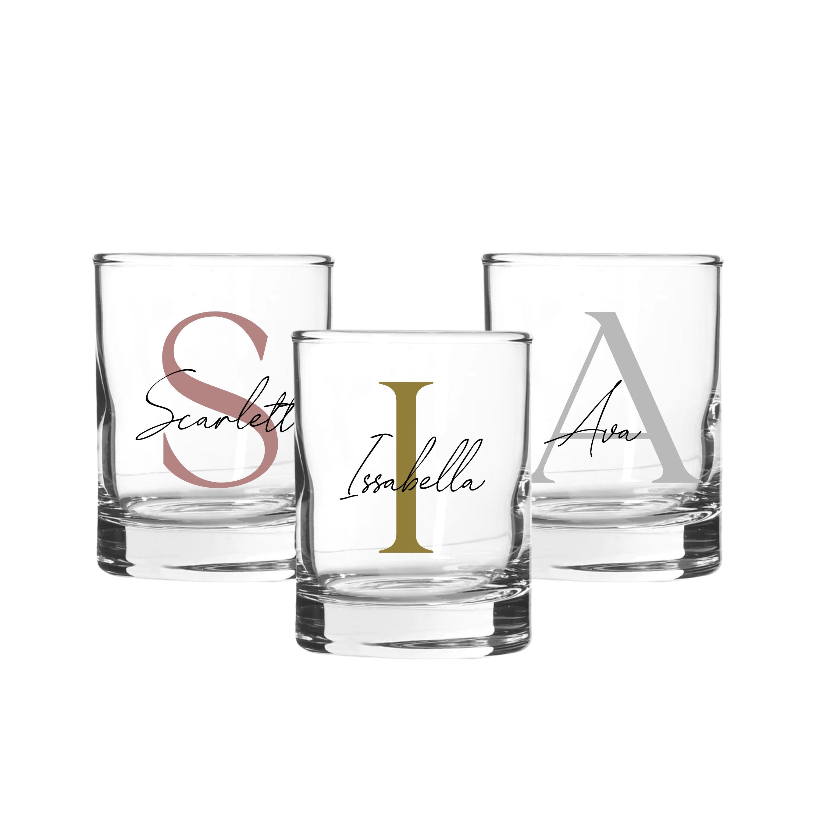 Set of personalised 65ml shot glasses with names Scarlett, Isabella, and Ava, custom birthday gifts for her or him, milestone personalised gift Australia