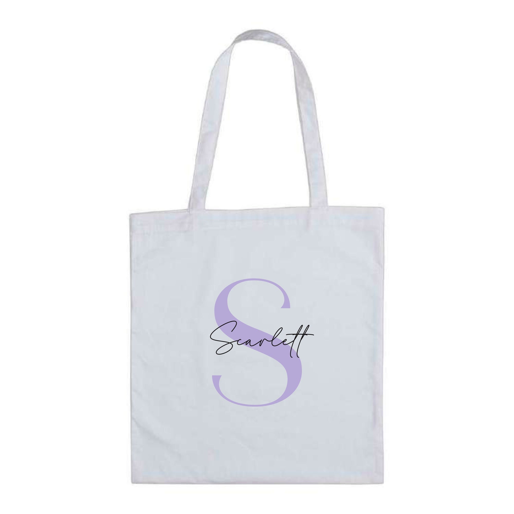 White cotton tote bag with lilac letter S and the name "Scarlett" – custom reusable personalised initial tote bag.
