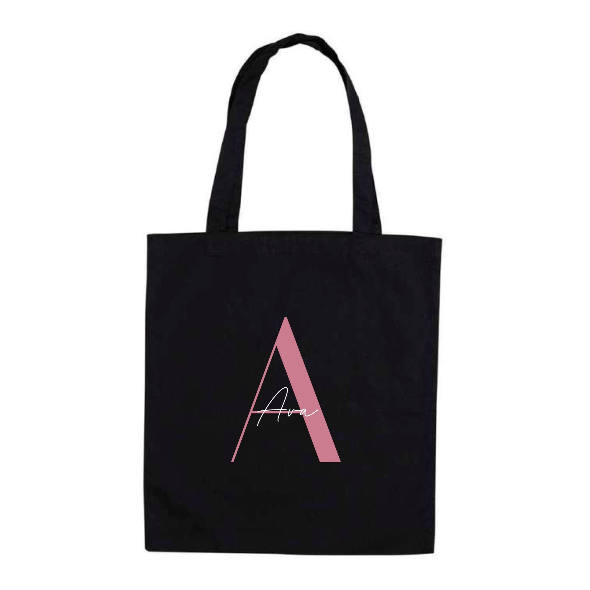 Black cotton tote bag featuring personalised design with pink letter A and the name "Ava" – reusable name tote bag.