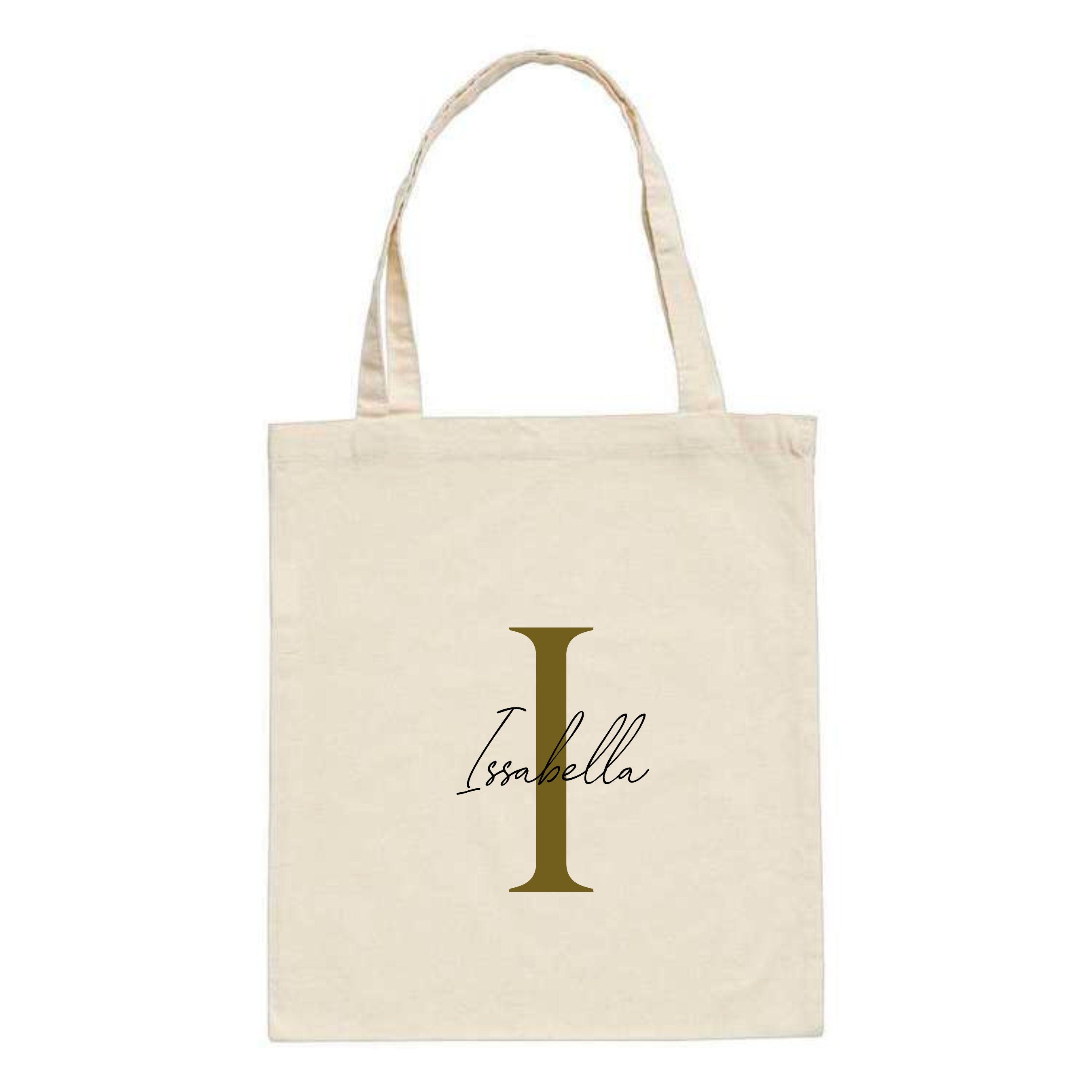 Custom cotton tote bag in natural colour with gold initial "I" and name "Isabella" – personalised letter bag gift idea.