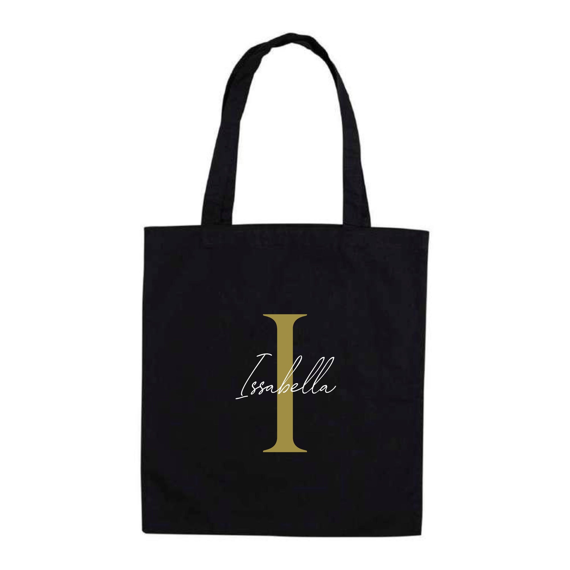 Black personalised tote bag with bold gold letter I and custom name "Isabella" – reusable initial bag for her or him.