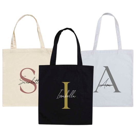 Personalised Name and Large Initial Cotton Tote Bag | Personalised Tote | Natural Cotton Bag | Bridal Party | Gift for Her