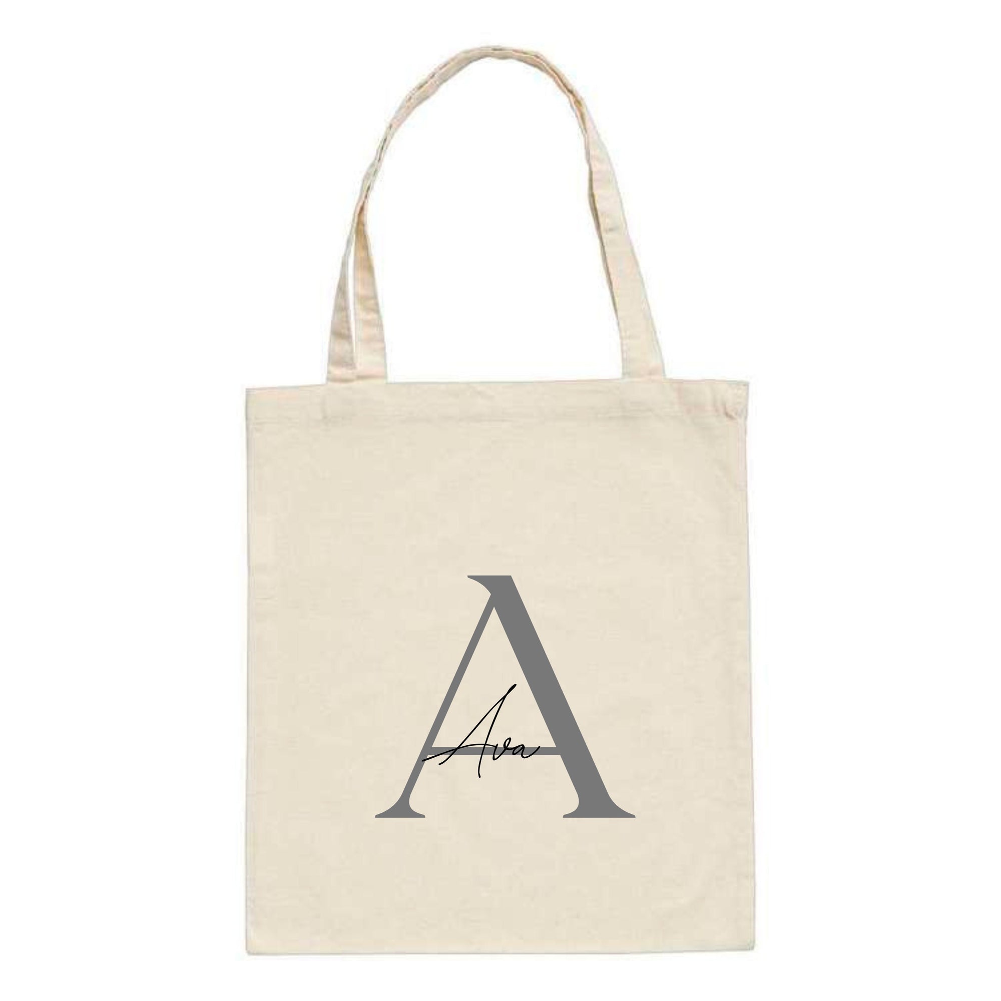 Personalised natural tote bag featuring the name "Ava" over a large silver letter A – custom initial cotton bag for her.