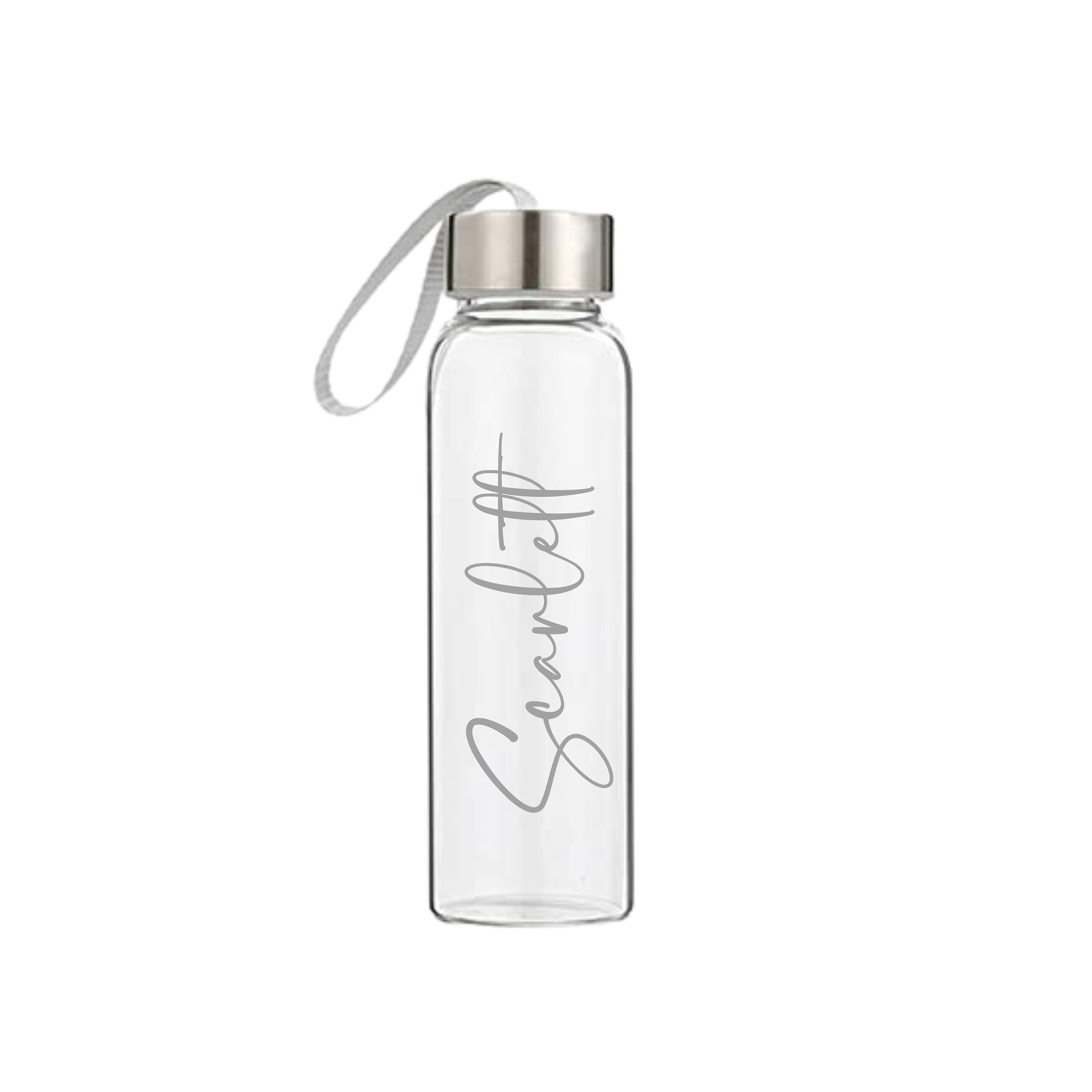 Personalised 500ml glass water bottle with silver name Scarlett, custom handmade drink bottle, perfect birthday gift for her, gift for him, sustainable design