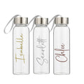 Set of personalised 500ml glass drink bottles with custom names Isabelle, Scarlett, and Chloe, handmade eco water bottles, perfect personalised gifts Australia