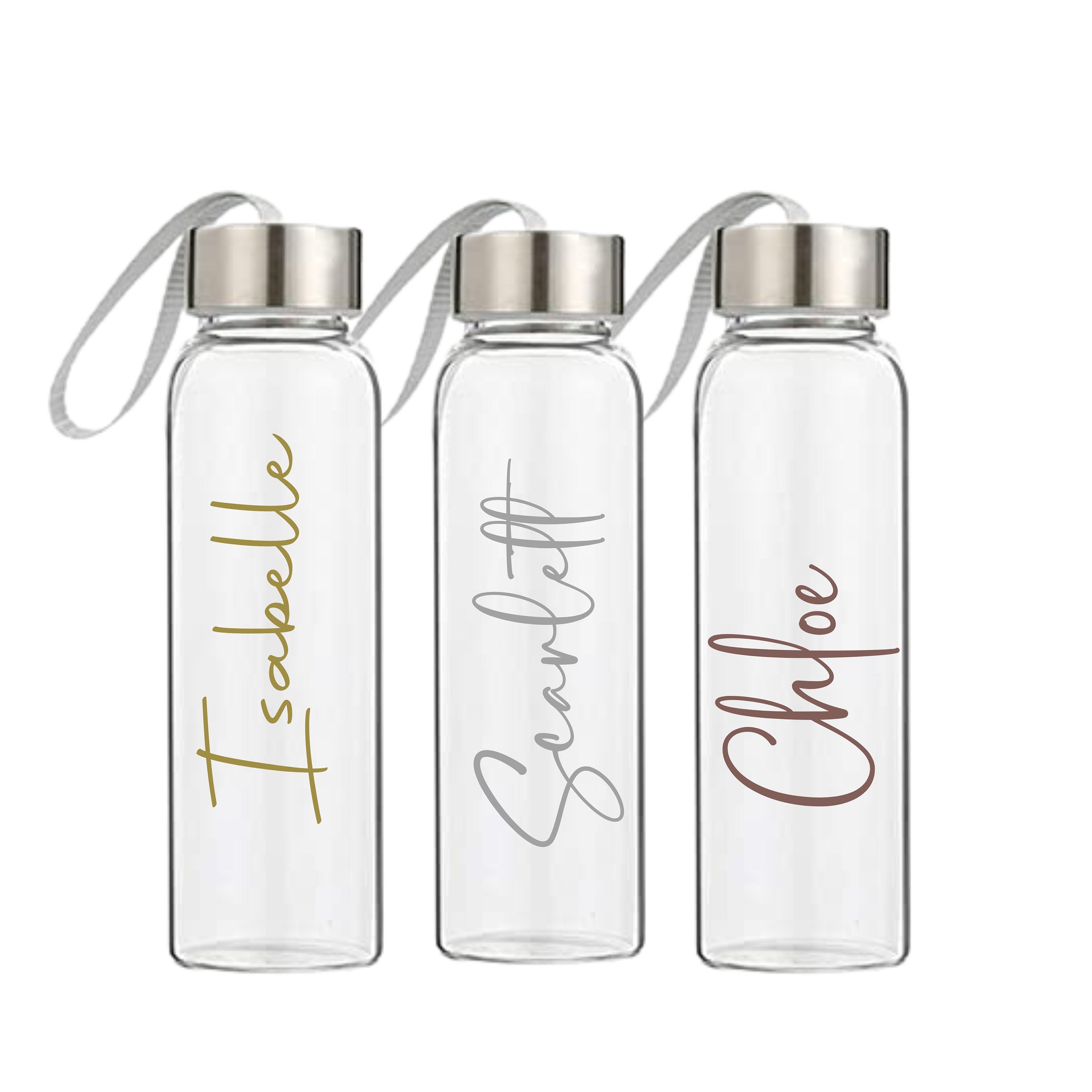 Set of personalised 500ml glass drink bottles with custom names Isabelle, Scarlett, and Chloe, handmade eco water bottles, perfect personalised gifts Australia
