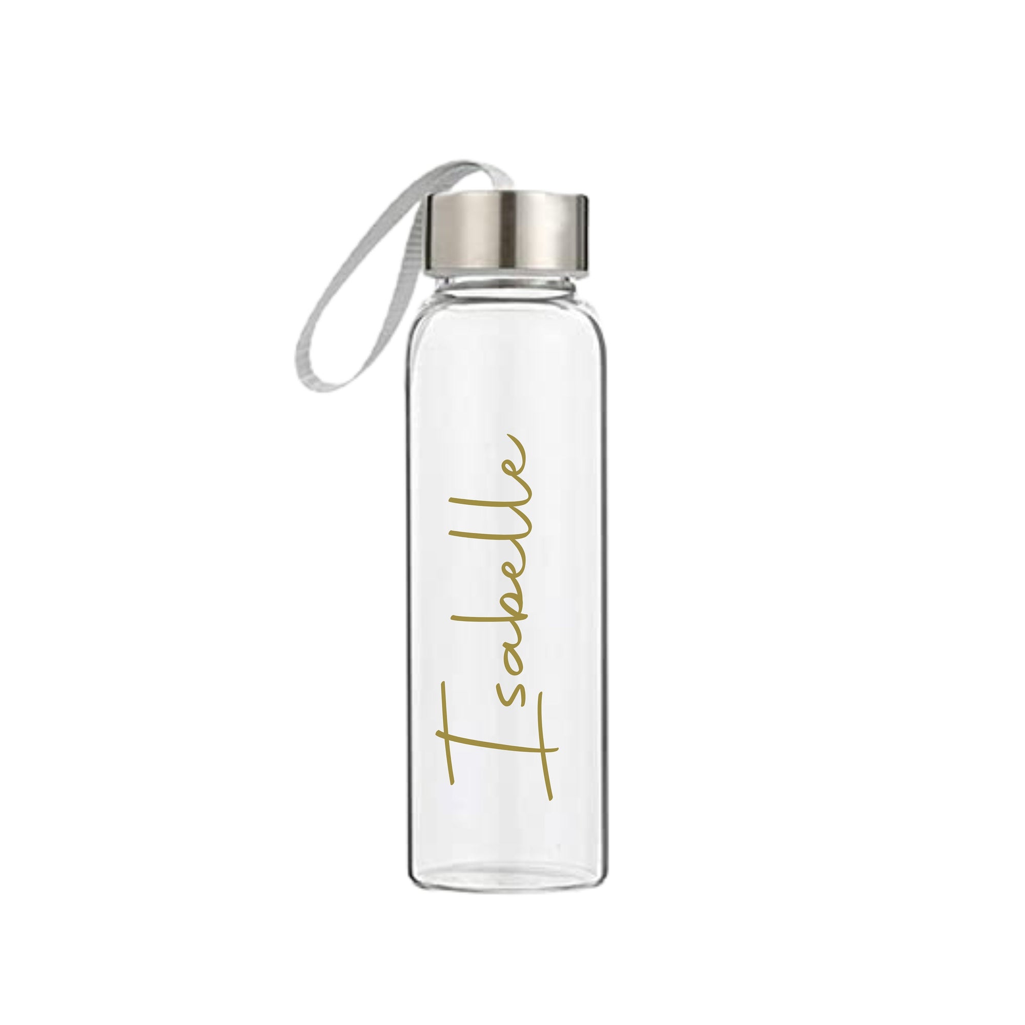 Personalised 500ml glass drink bottle with gold name Isabelle, custom gift for her or him, handmade water bottle, eco-friendly personalised gift Australia
