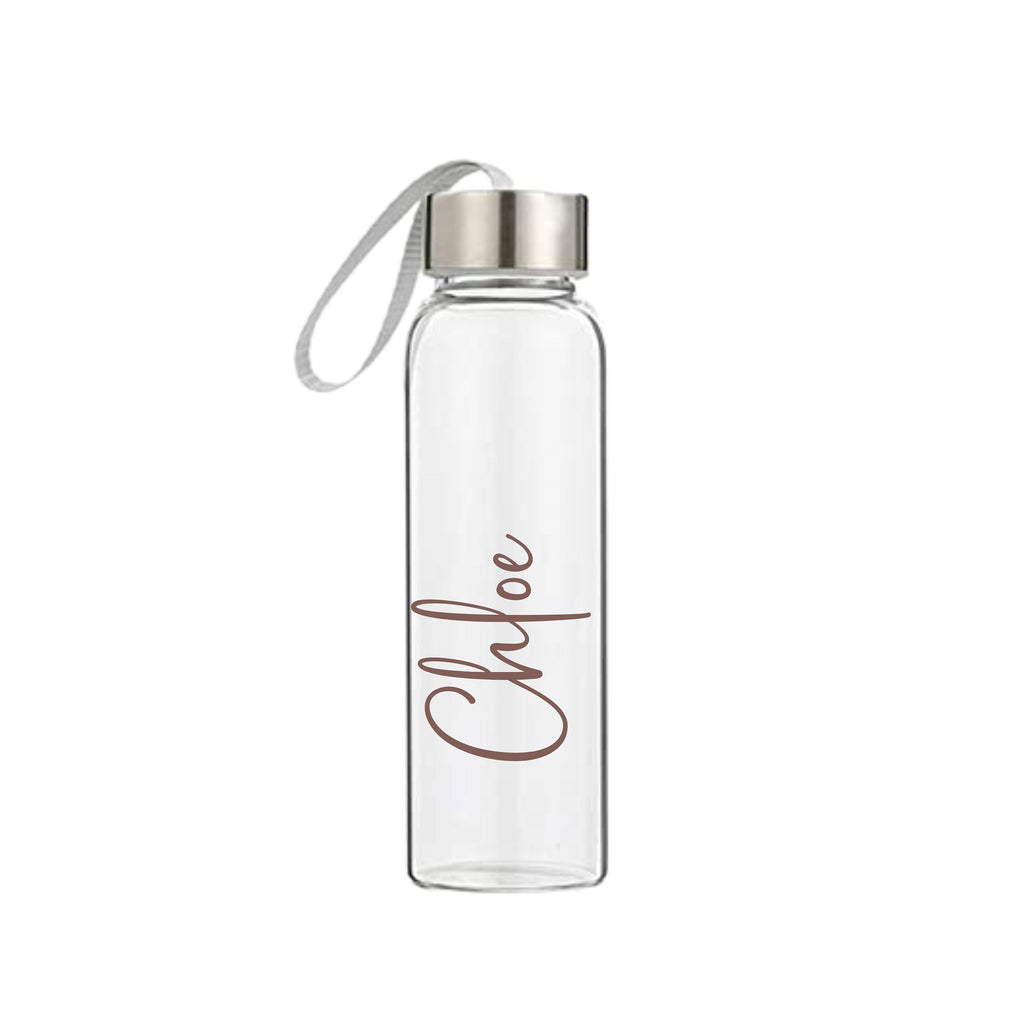 Custom 500ml glass drink bottle with rose gold name Chloe, personalised water bottle, handmade eco-friendly gift, ideal birthday gift for her or him