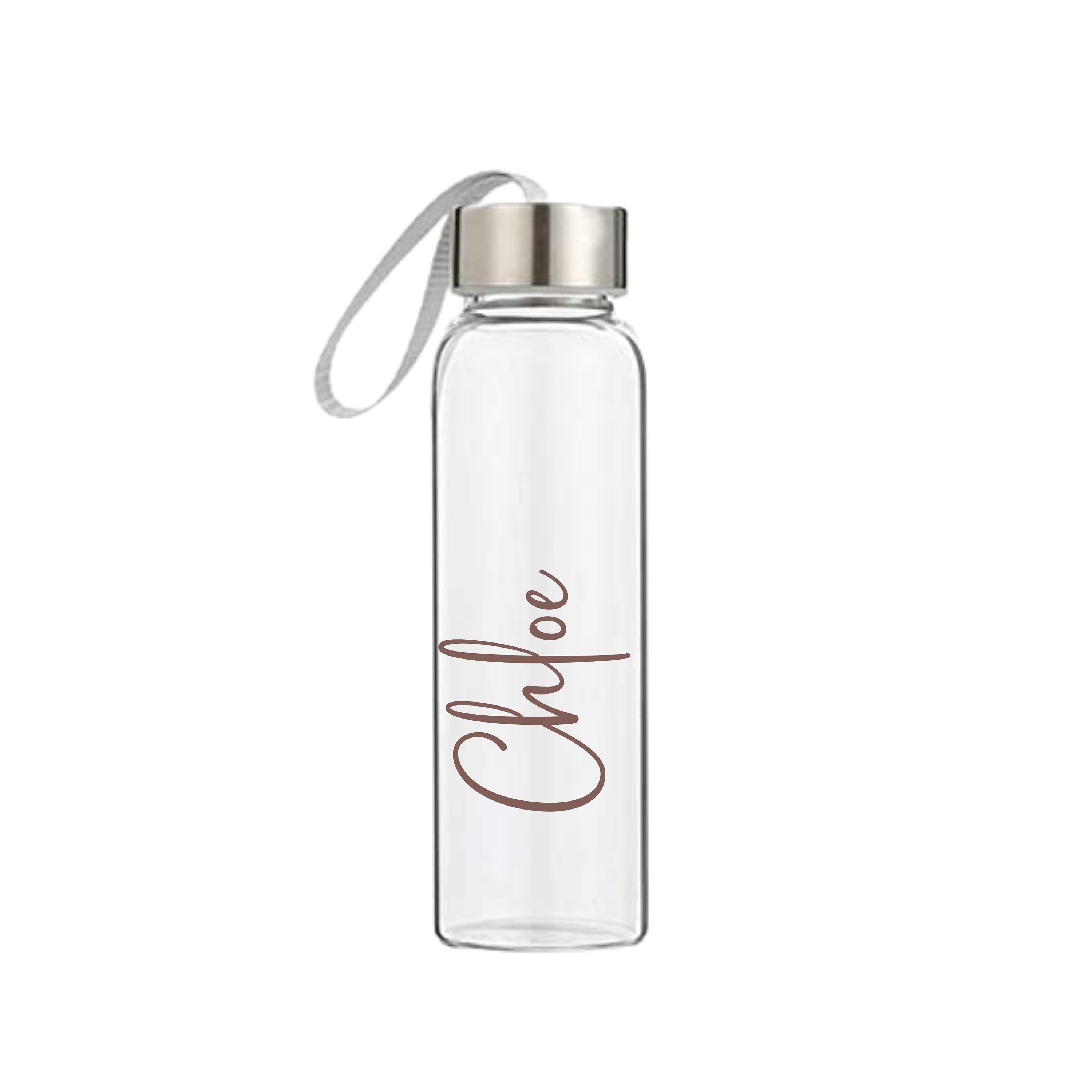 Custom 500ml glass drink bottle with rose gold name Chloe, personalised water bottle, handmade eco-friendly gift, ideal birthday gift for her or him
