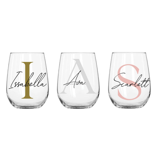 Personalised Name and Large Initial 475ml Stemless Wine Glass | Personalised Name and Age Wine Glass | Birthday Milestone | Wedding Gift