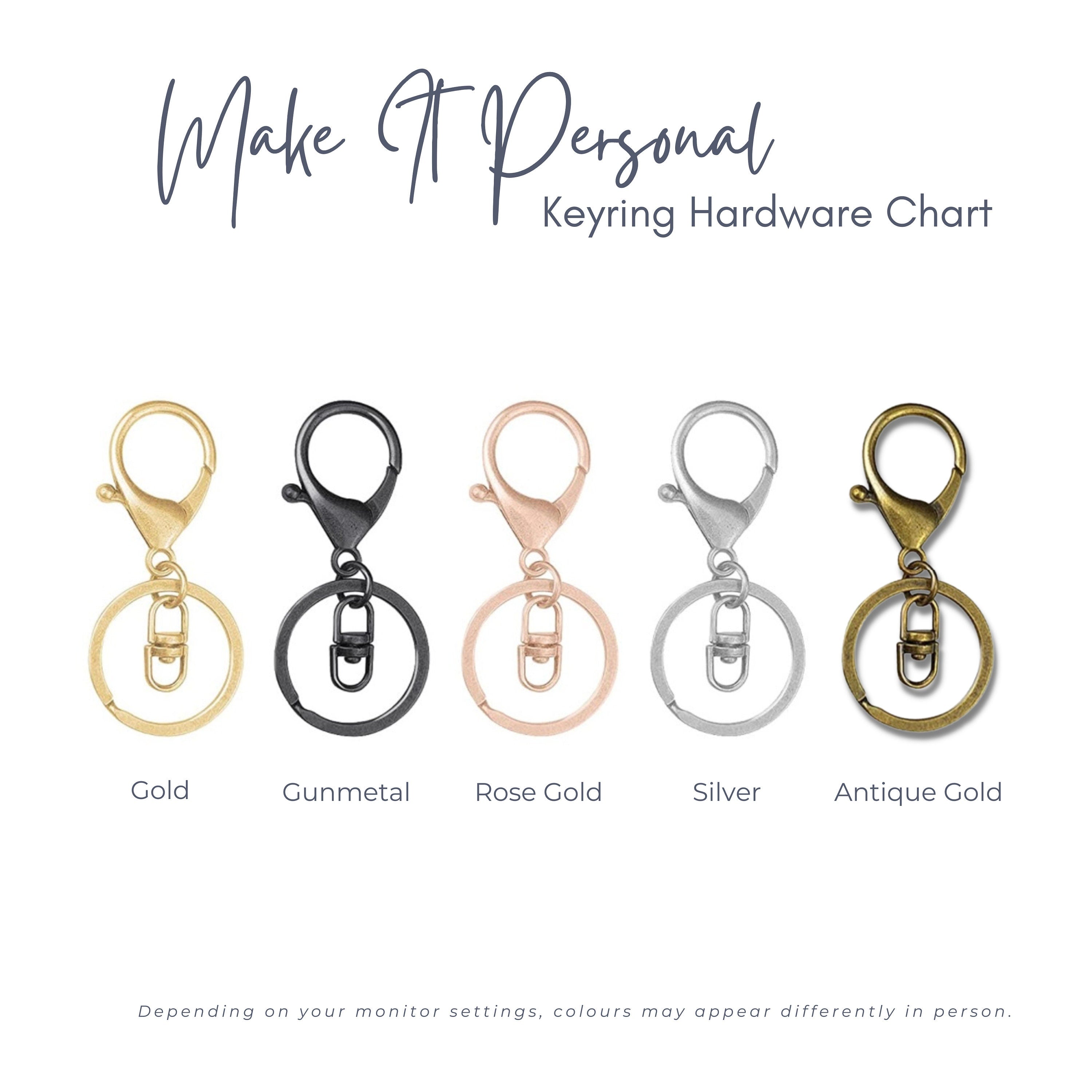Keyring hardware chart displaying five colour options: gold, gunmetal, rose gold, silver, and antique gold for personalised keychains. 