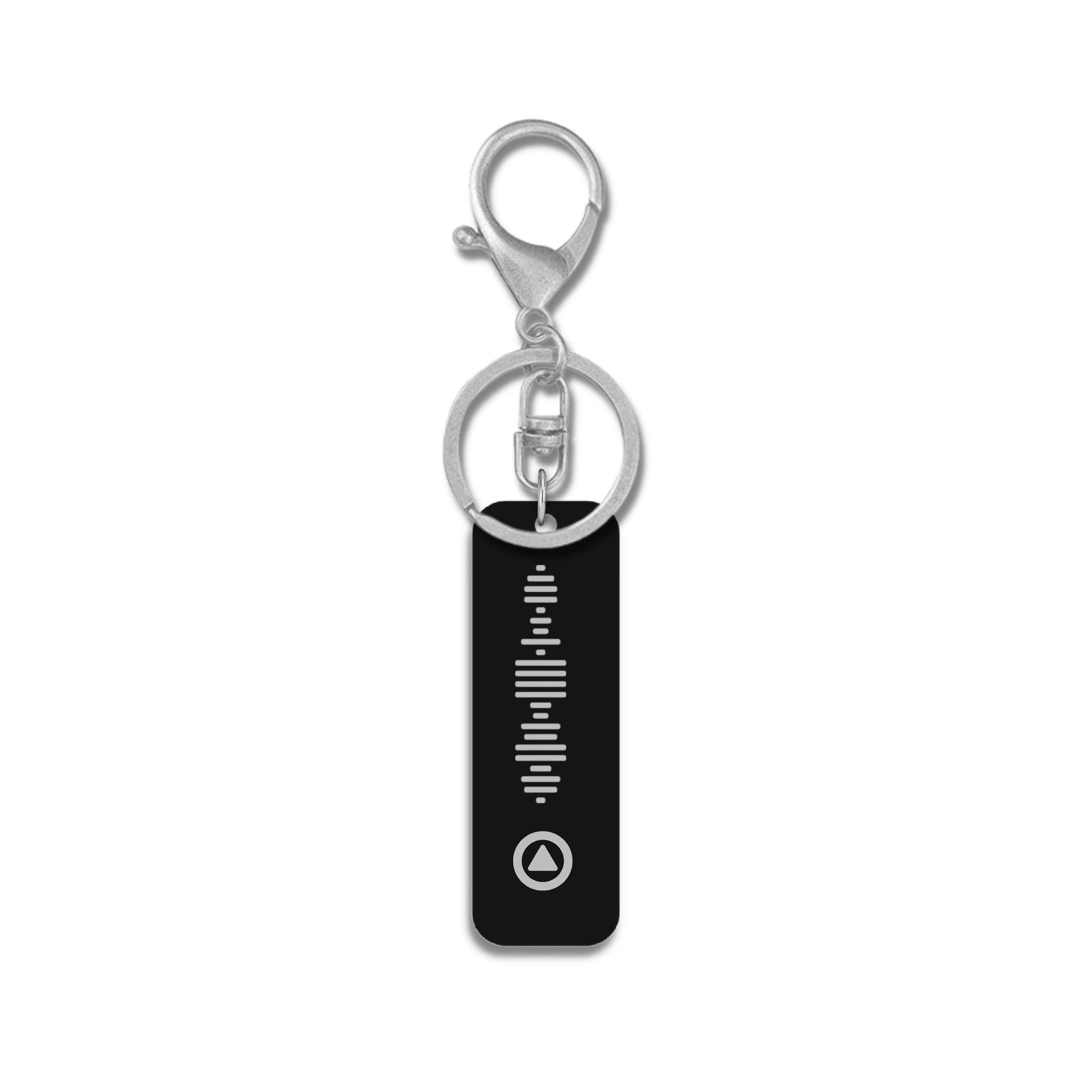 Personalised music QR code keychain with silver hardware and black acrylic tag – scannable Spotify code gift. 