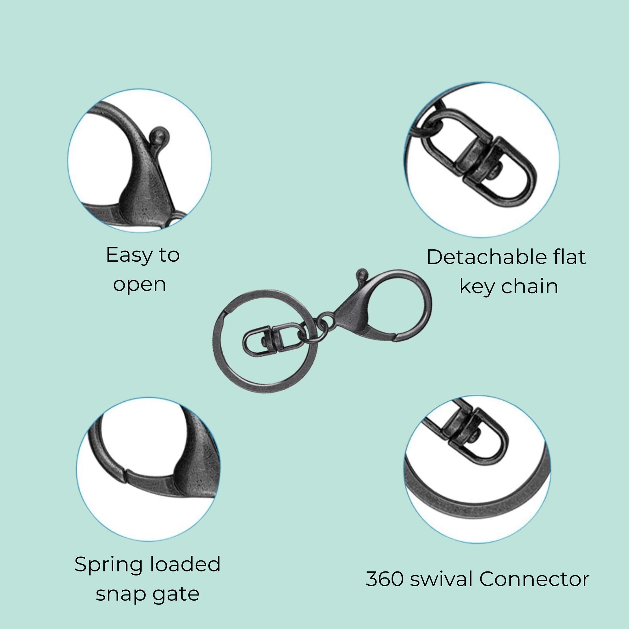 Breakdown of keyring features: detachable flat keychain, easy to open clasp, 360° swivel connector, and spring-loaded snap gate. 