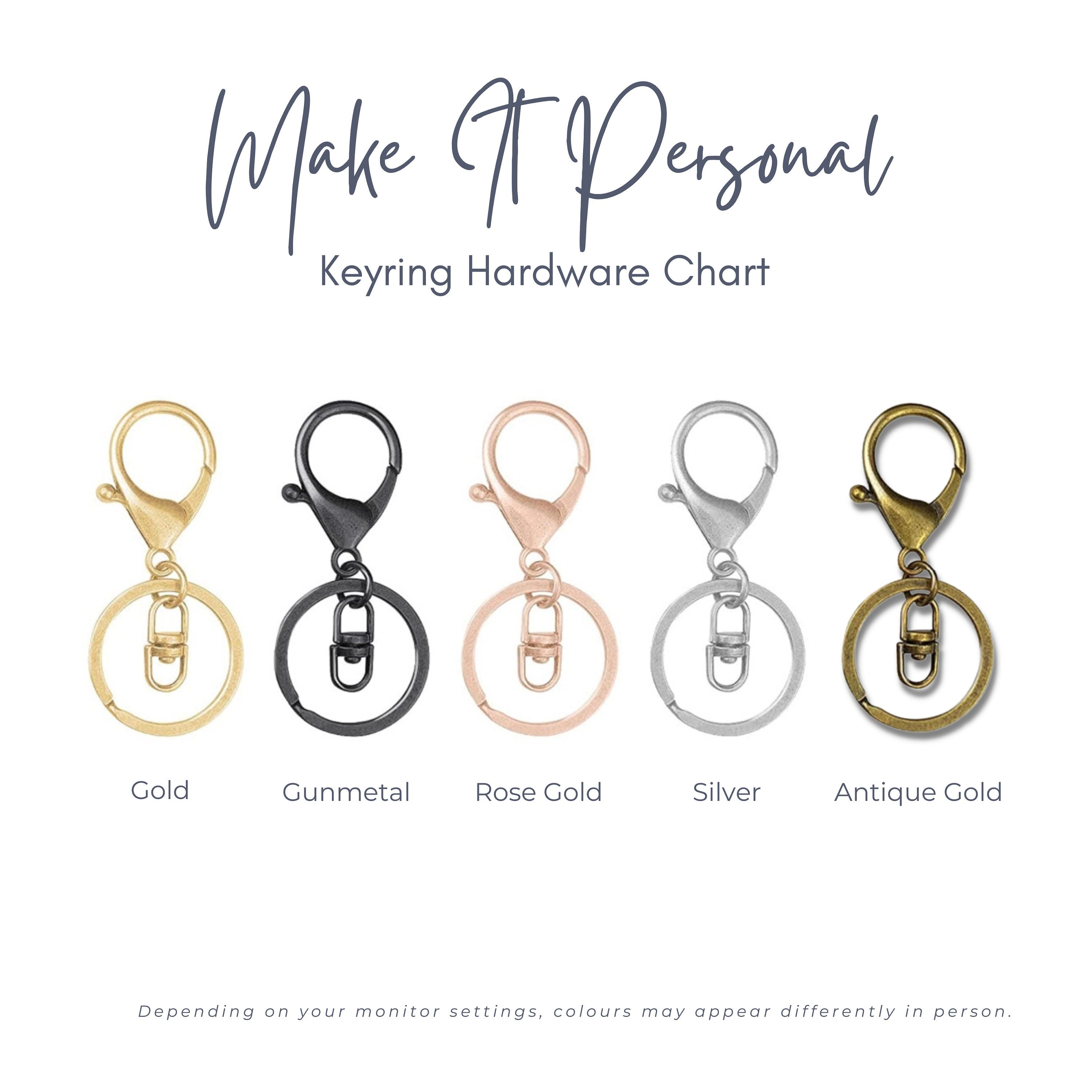 Keyring hardware chart for Make It Personal Gift Co – showing gold, gunmetal, rose gold, silver, and antique gold colour options.