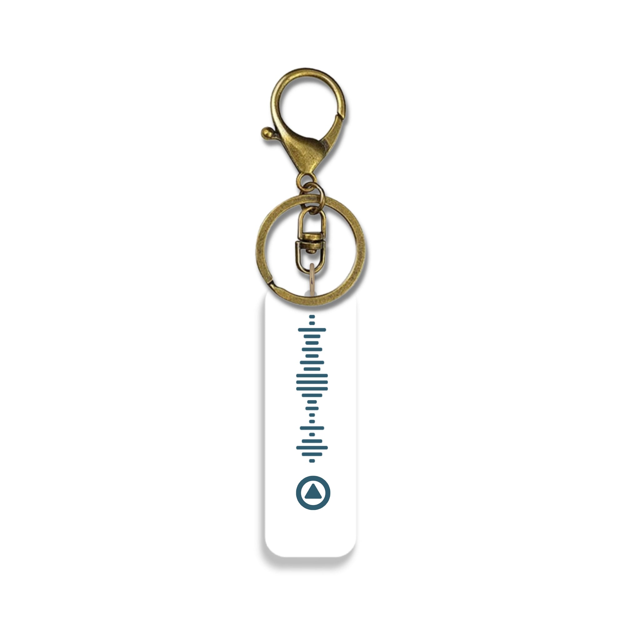 Antique gold and navy blue engraved music QR code keyring with white acrylic base – scannable Spotify code gift idea. 