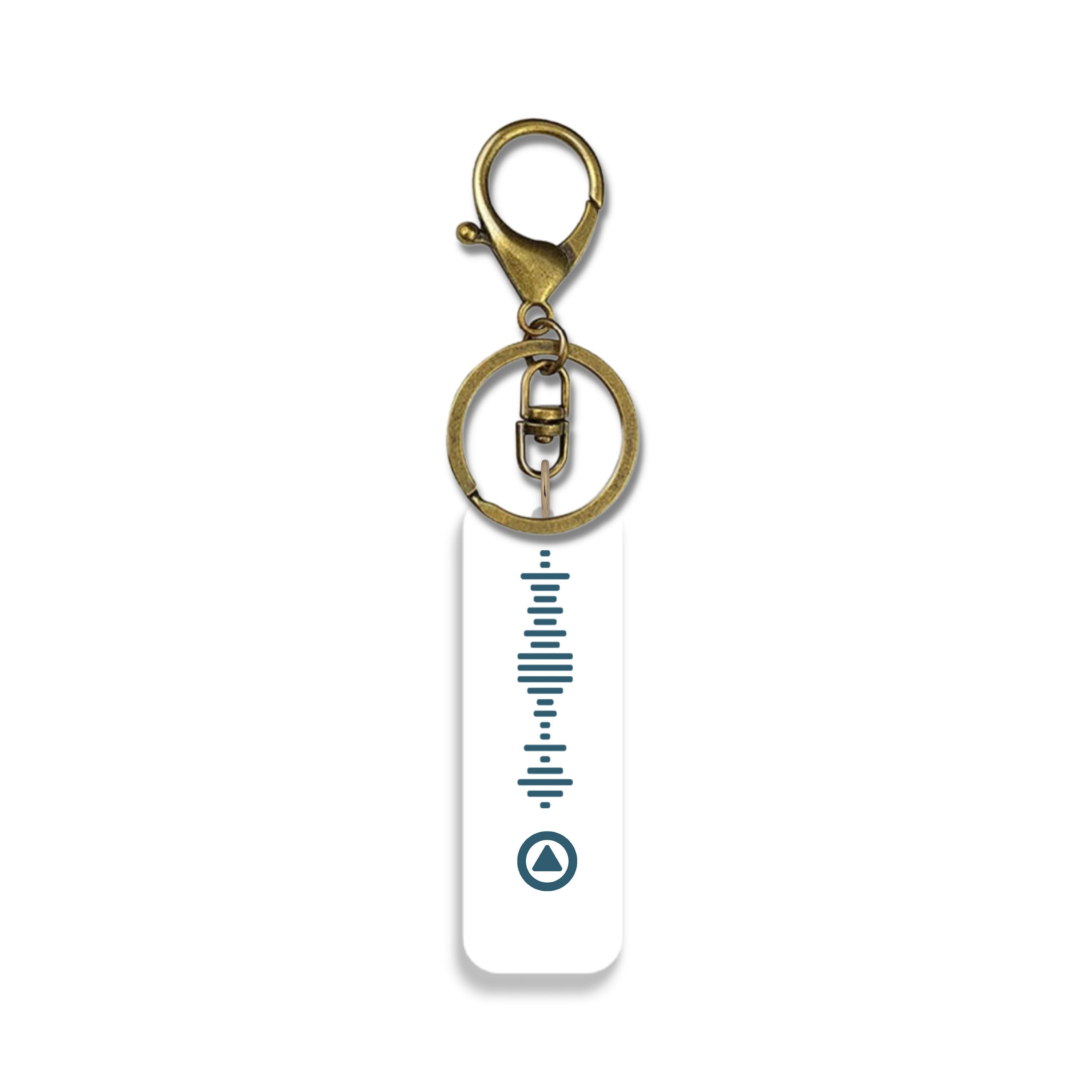 Antique gold and navy blue engraved music QR code keyring with white acrylic base – scannable Spotify code gift idea. 