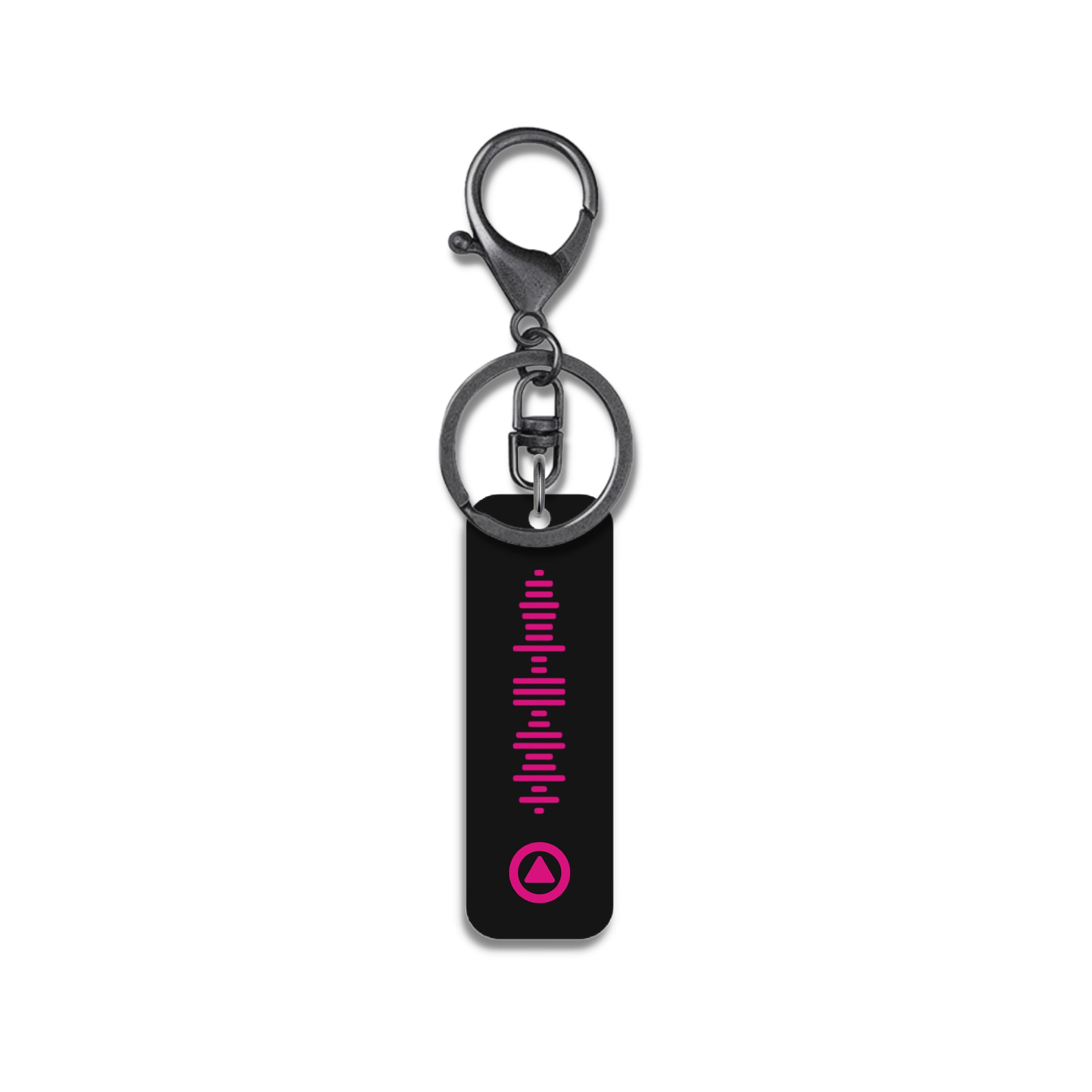 Black acrylic Spotify code keyring with hot pink engraving and gunmetal hardware – personalised music gift for him or her. 