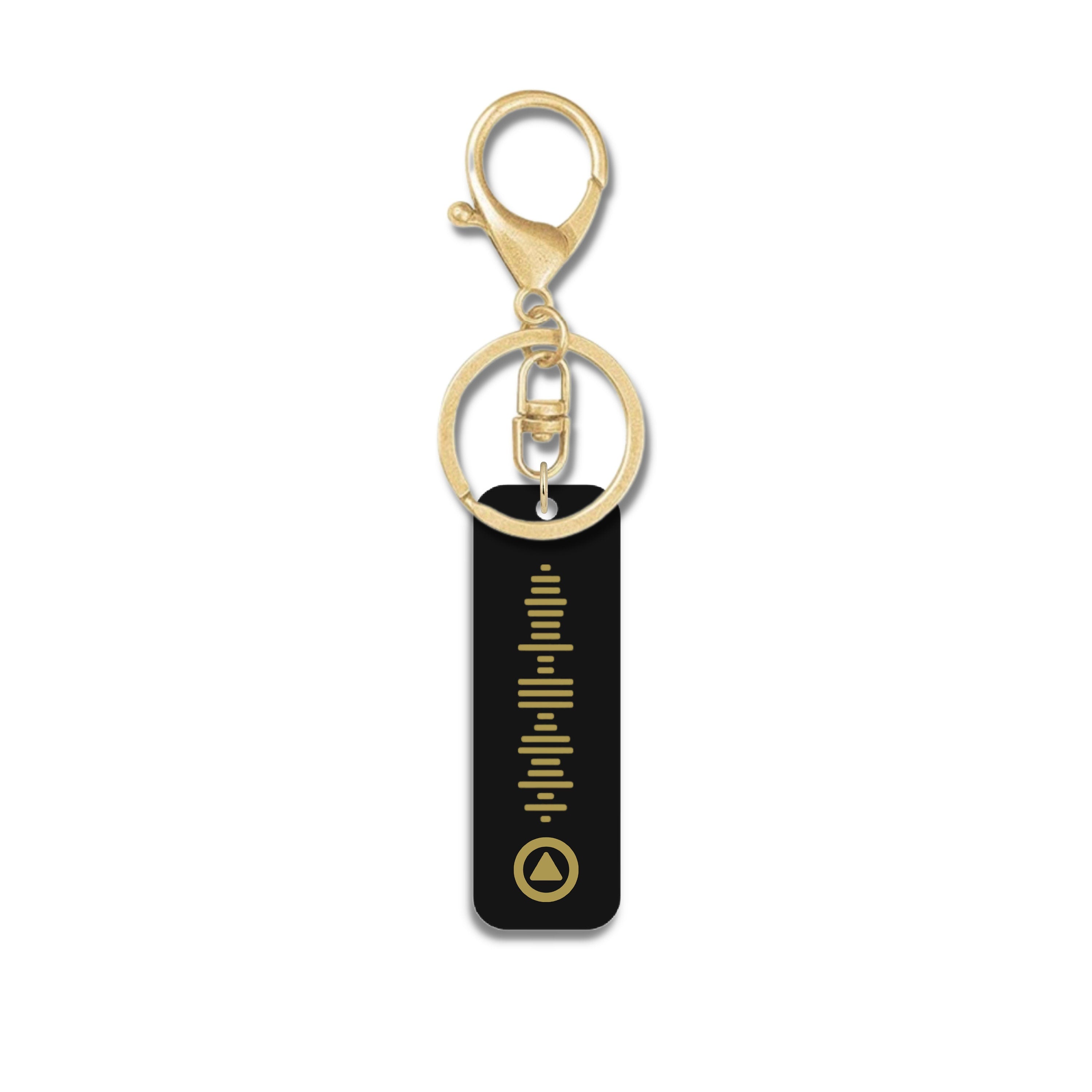 Custom engraved gold Spotify QR code keychain with gold hardware – personalised playlist gift on black acrylic. 