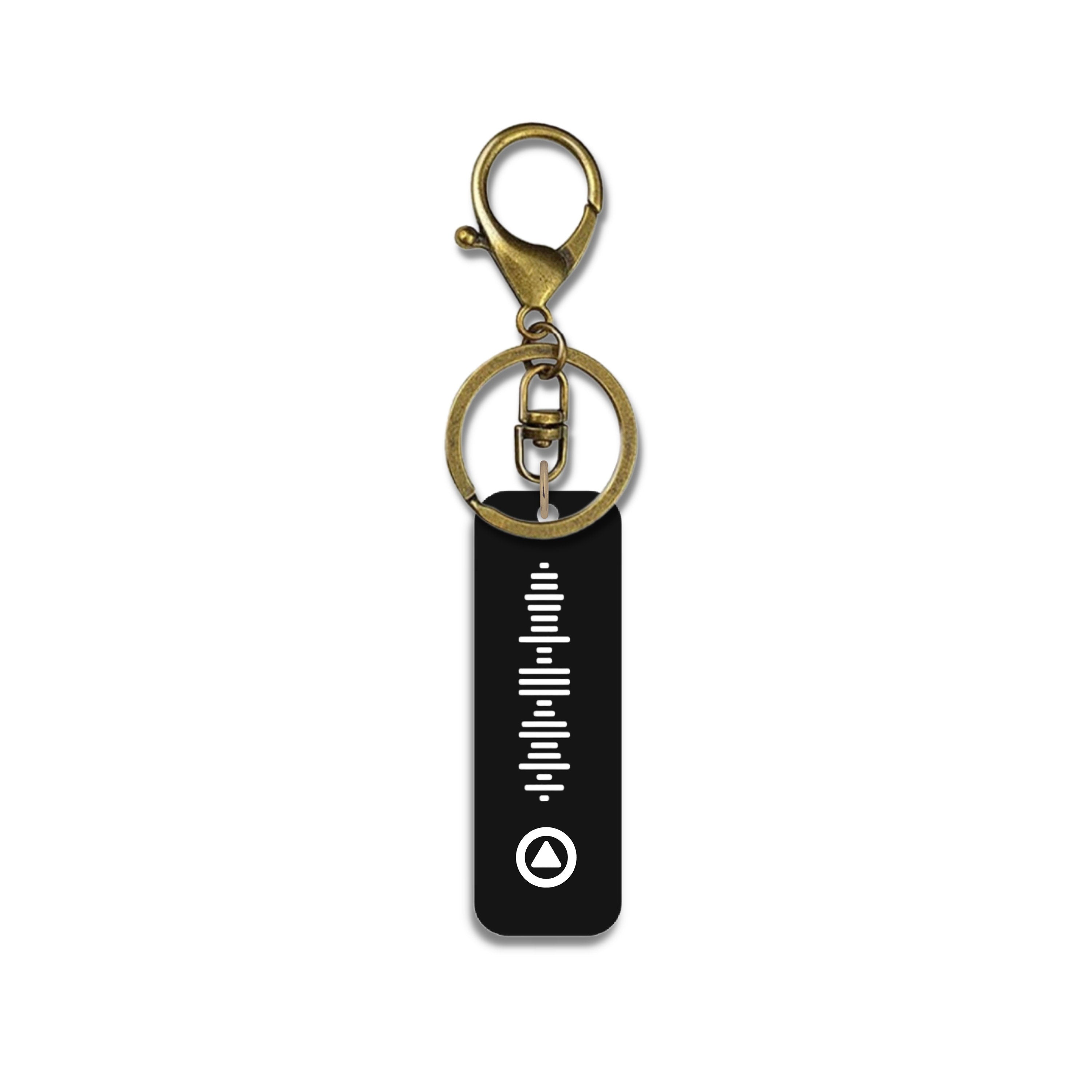 Scannable Spotify QR code keyring with antique gold hardware and white engraving on black acrylic – handmade music gift.