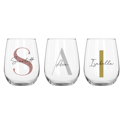 Personalised Name and Large Initial 475ml Stemless Wine Glass | Personalised Name and Age Wine Glass | Birthday Milestone | Wedding Gift