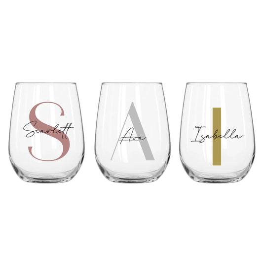 Personalised Name and Large Initial 360ml Stemless Wine Glass | Personalised Name and Age Wine Glass | Birthday Milestone | Wedding Gift