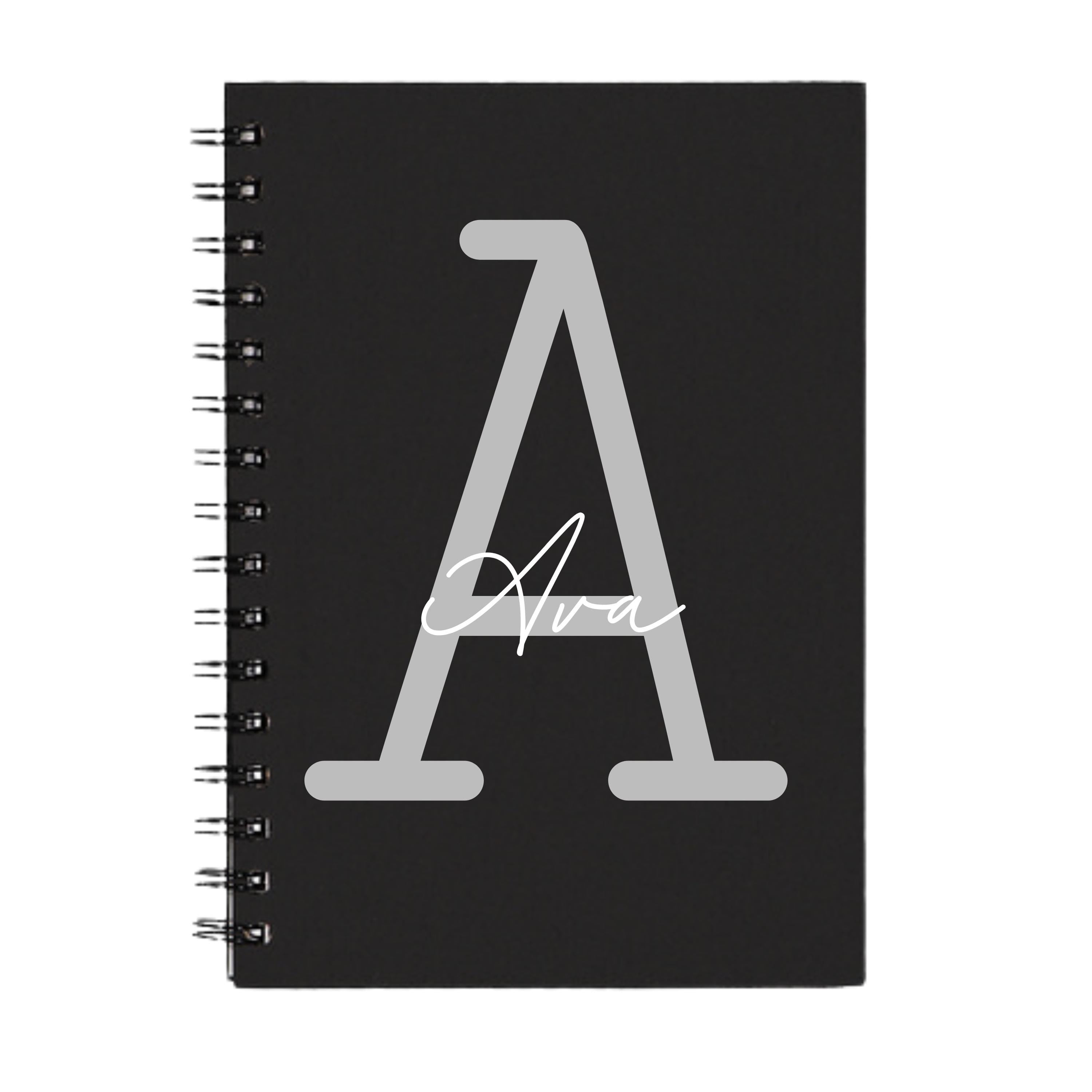 Black A5 spiral notebook with silver A initial and name Ava – personalised notebook gift idea.