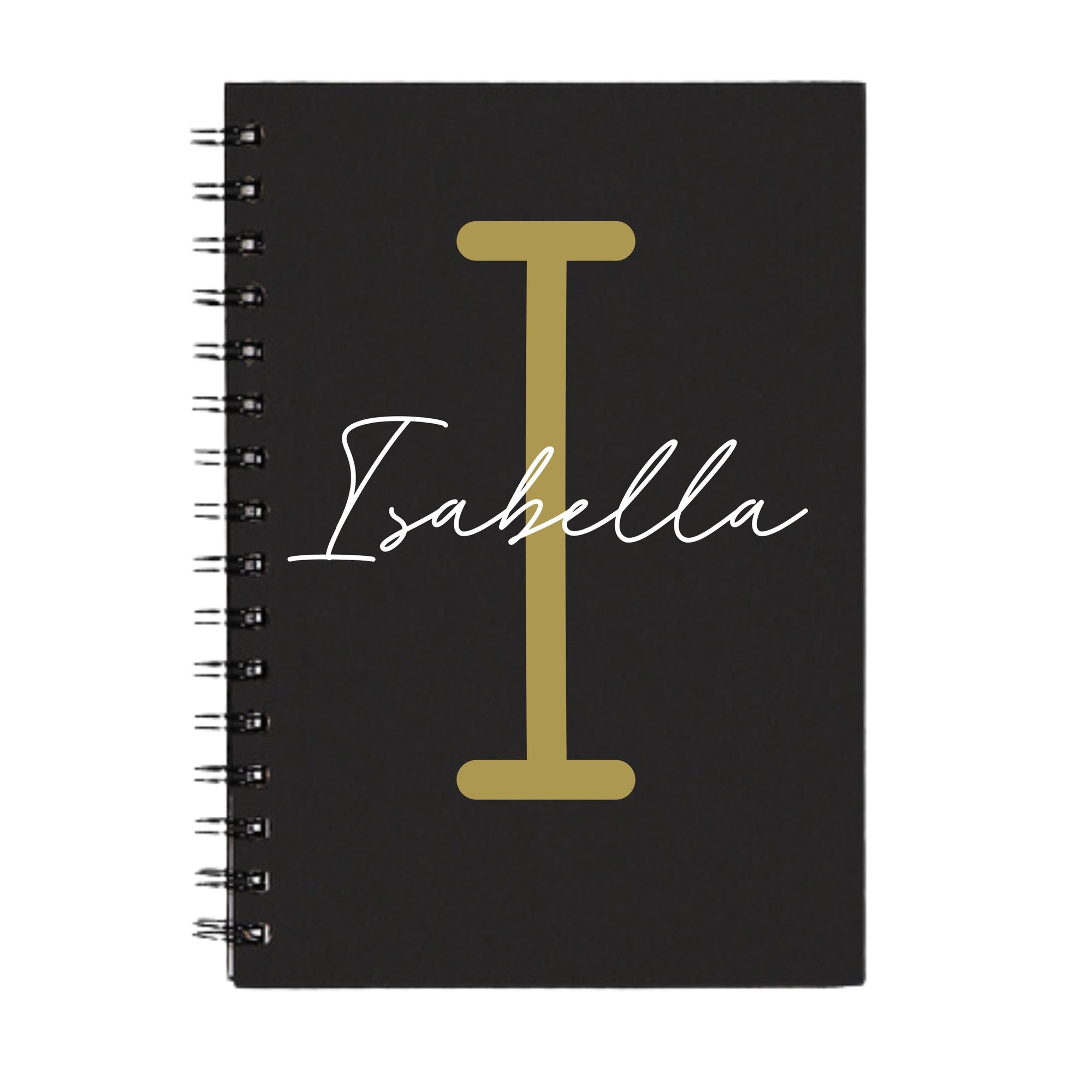 A5 black spiral-bound notebook with gold I initial and name Isabella – custom name journal.