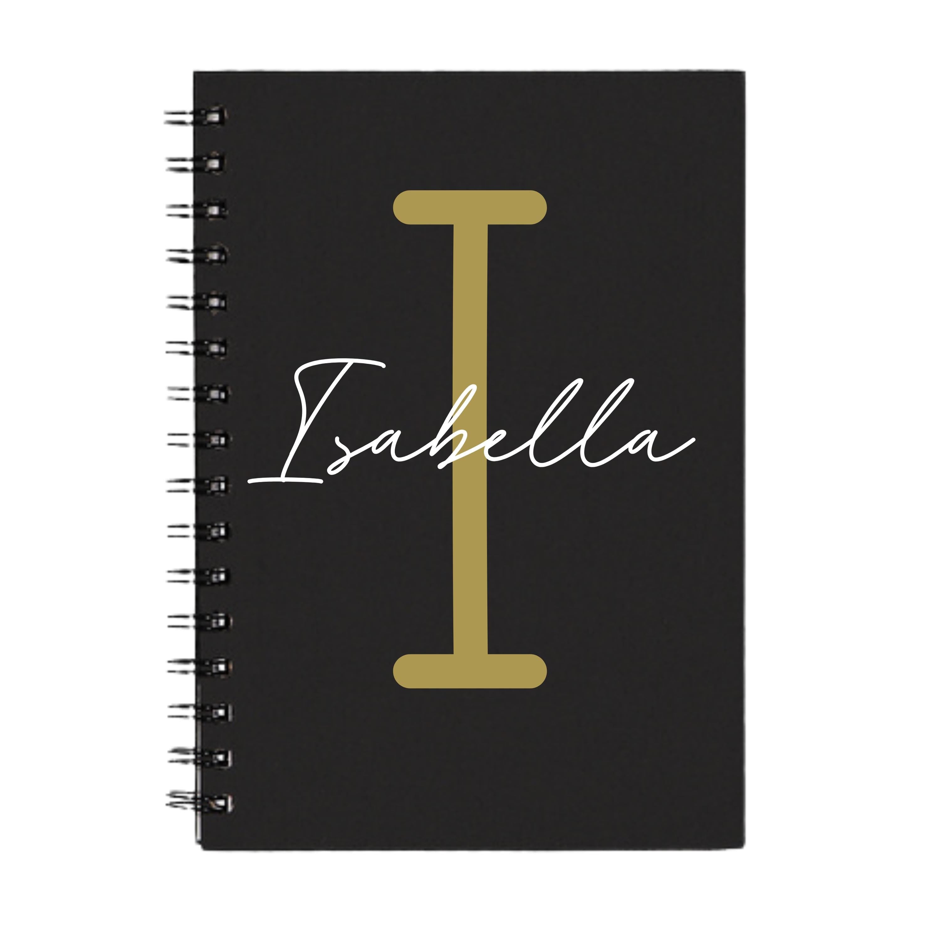 A5 black spiral-bound notebook with gold I initial and name Isabella – custom name journal.