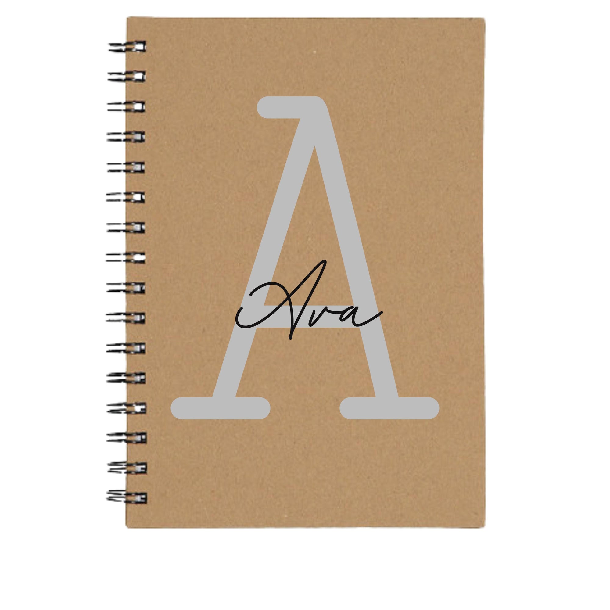Custom brown kraft A5 spiral notebook with silver A initial and name Ava – personalised journal gift.