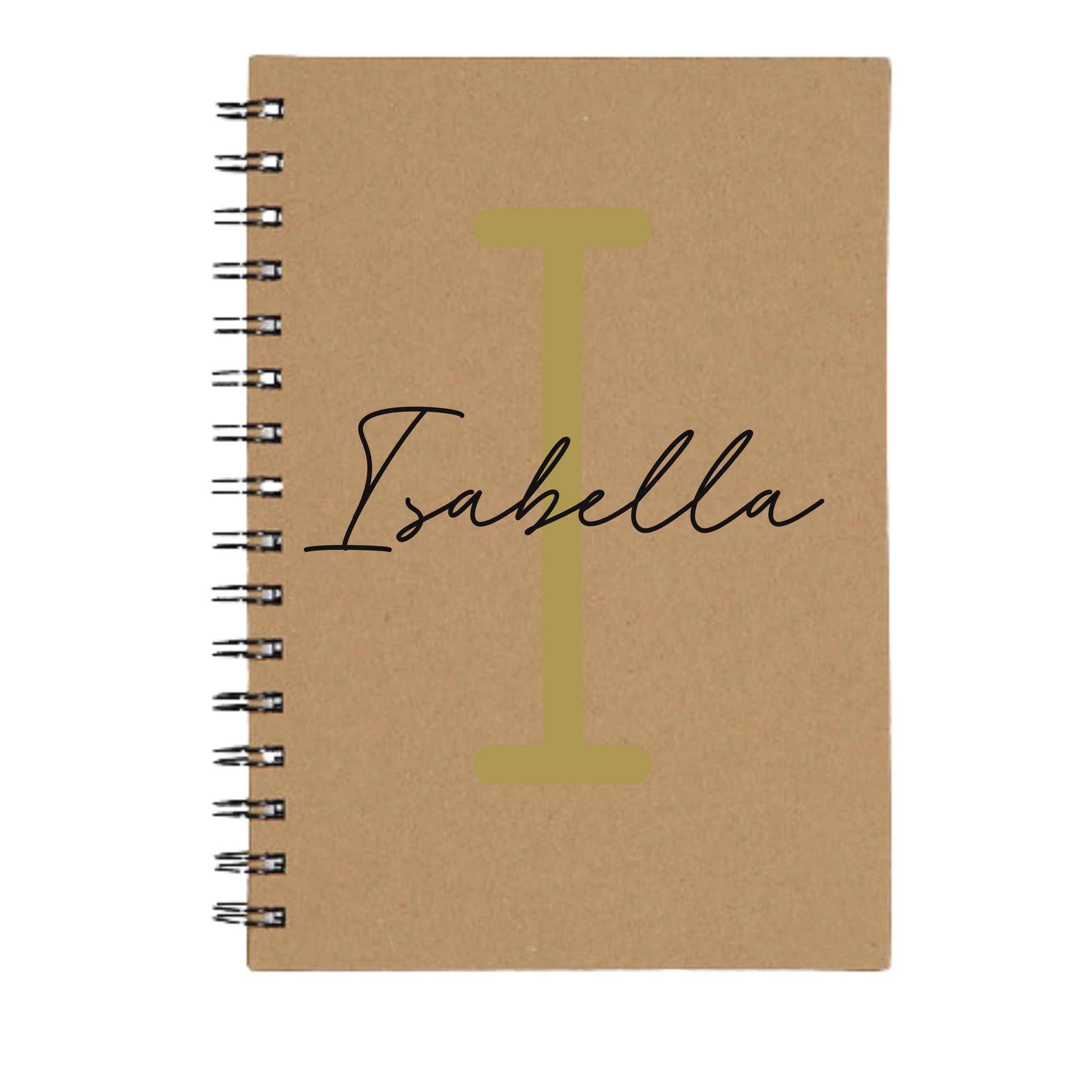 Personalised kraft A5 notebook with gold I initial and name Isabella – handmade spiral journal.