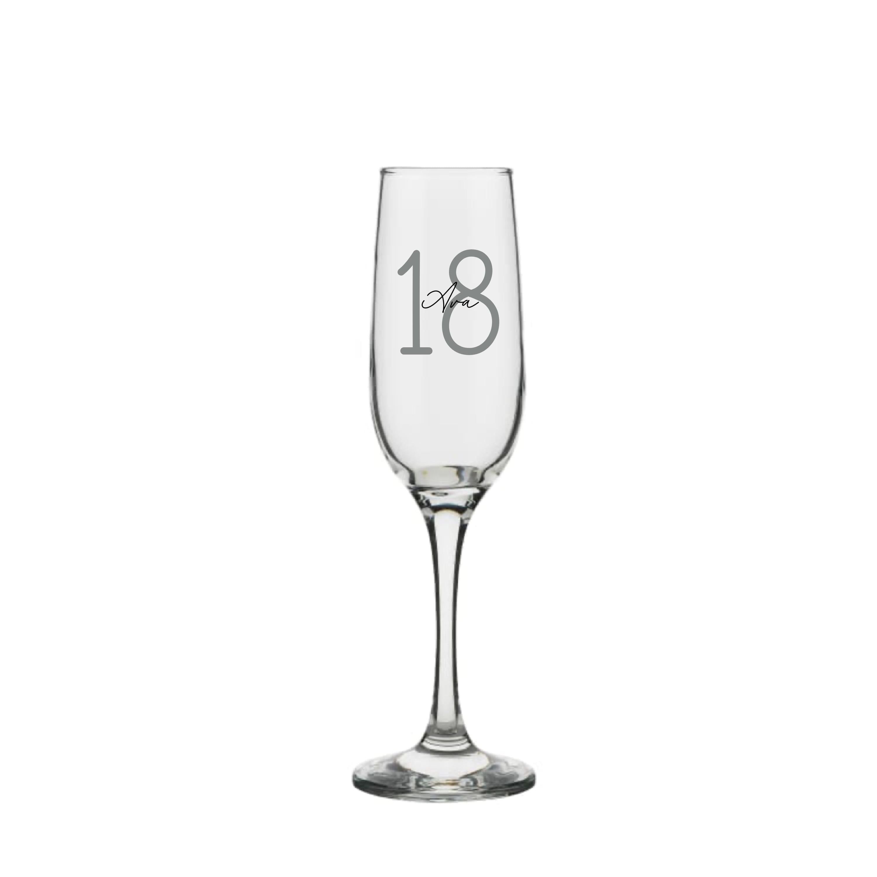 Personalised champagne glass with silver number 18 and name Ava, custom 18th birthday gift for her or him, handmade personalised gift Australia