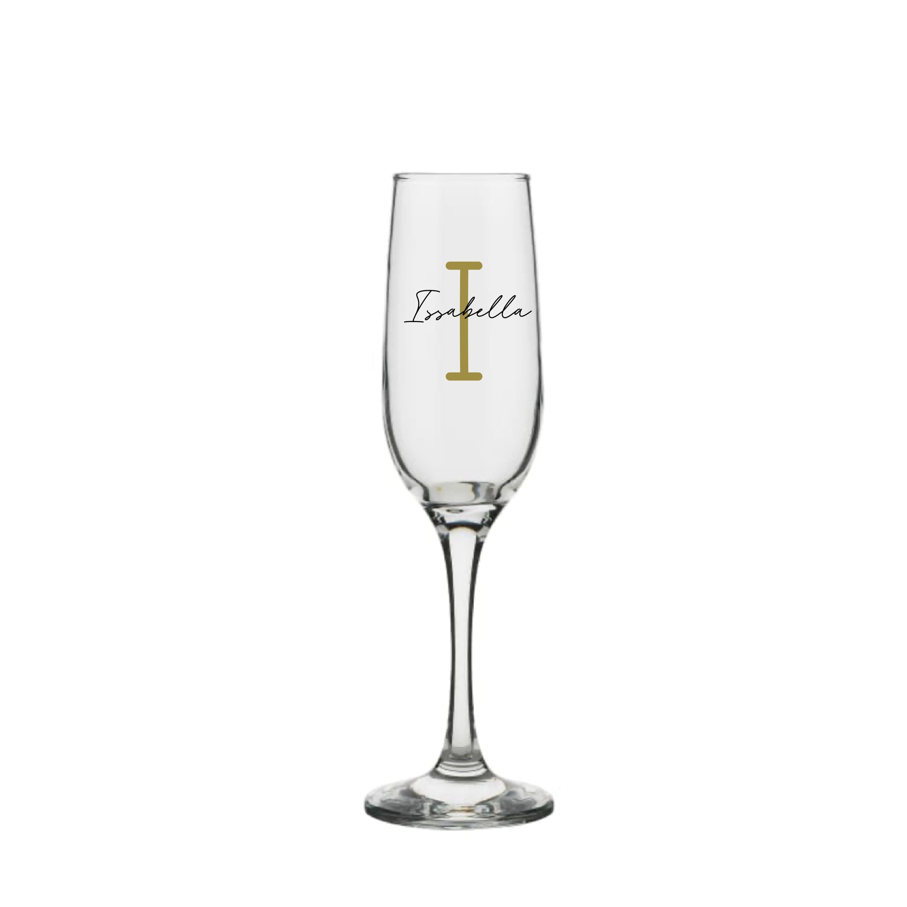 Personalised champagne glass with gold letter I and name Isabella, custom handmade milestone birthday gift for her or him, personalised gift Australia