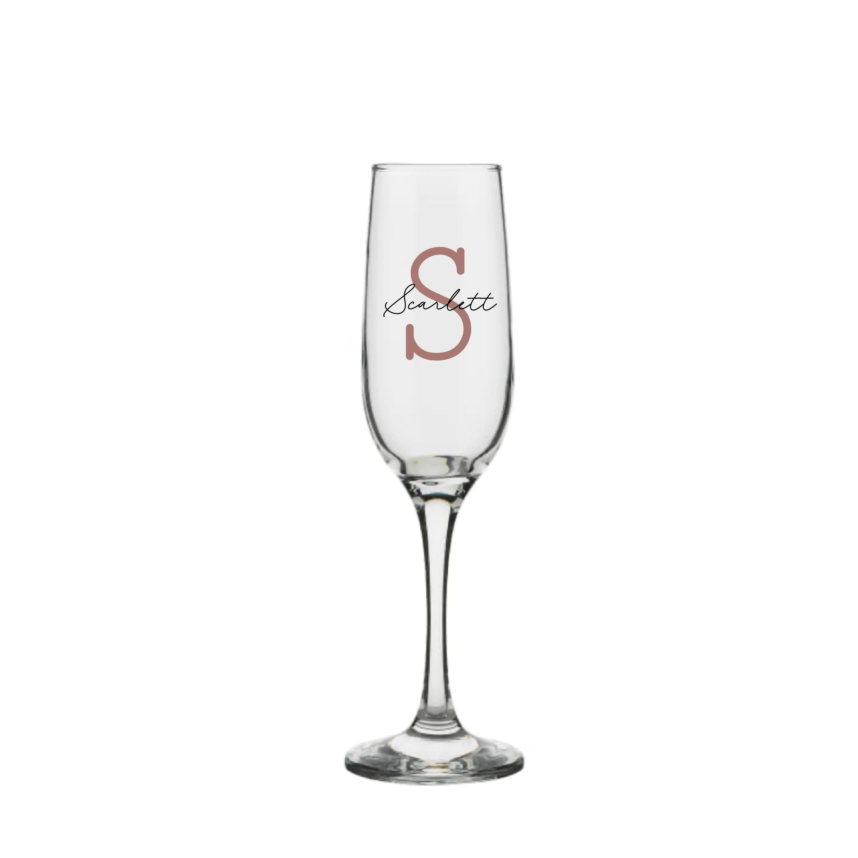 Personalised champagne glass with rose gold letter S and name Scarlett, handmade birthday gift for her or him, custom milestone gift Australia