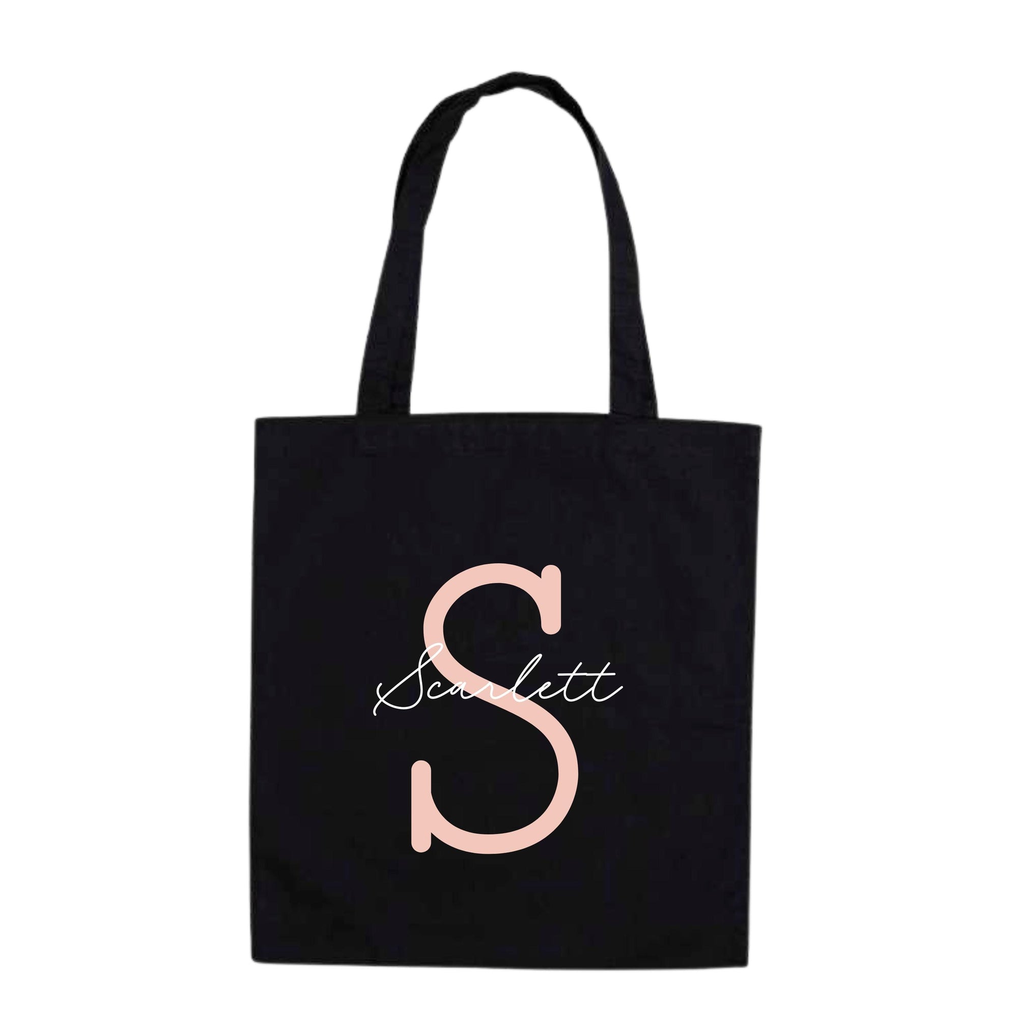 Black personalised tote bag with pink letter S and name "Scarlett" – eco-friendly cotton gift bag with custom initial.
