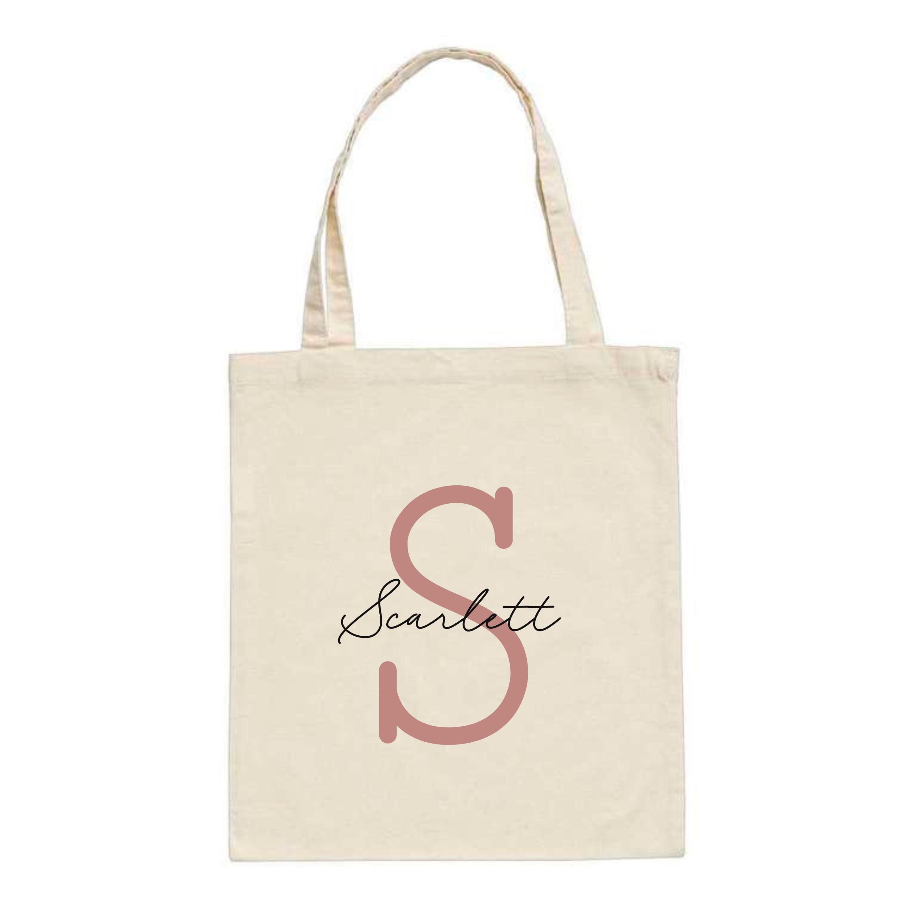 Natural cotton tote bag with custom name "Scarlett" and large rose gold letter S printed on front – personalised initial tote bag gift.
