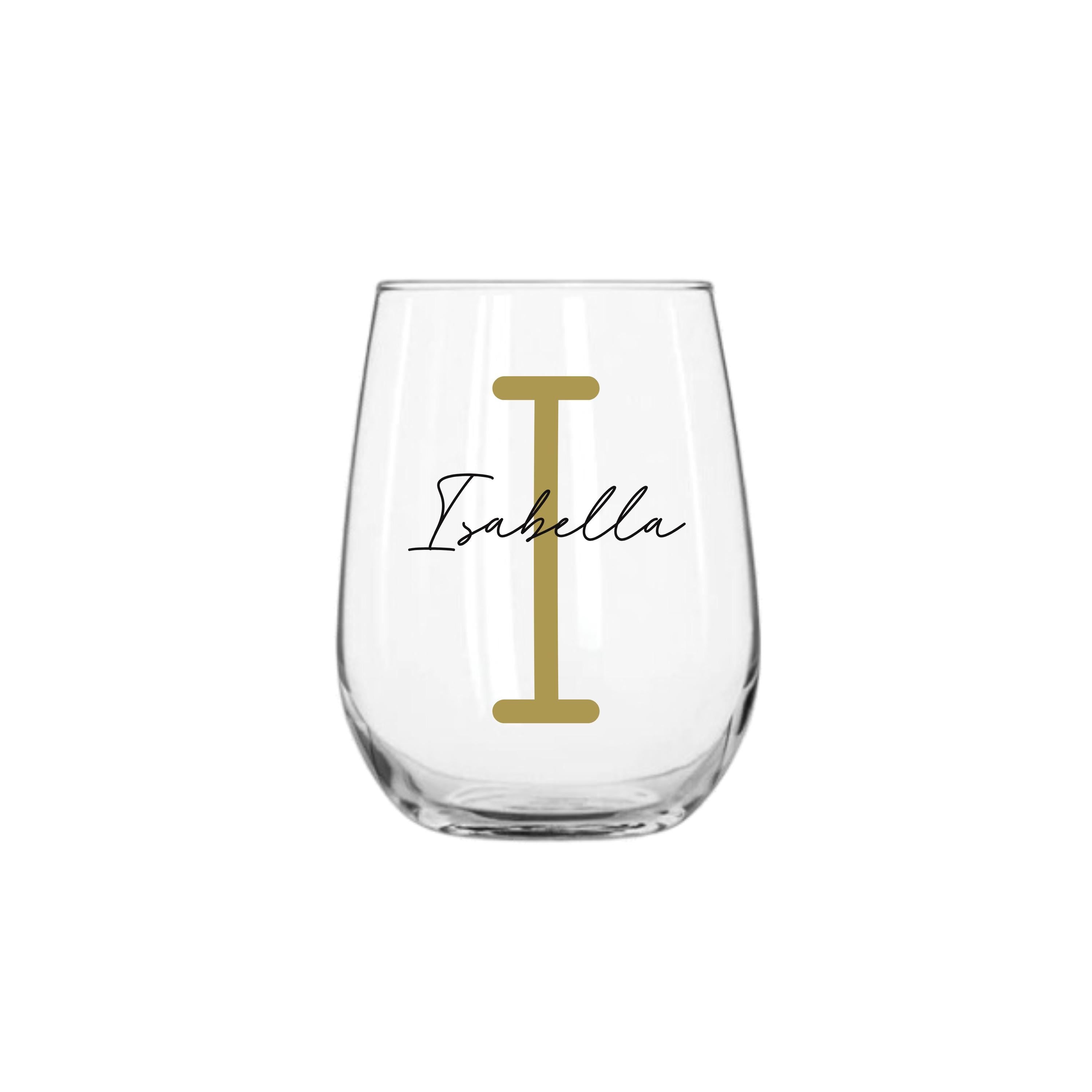 Personalised handmade 360ml stemless wine glass with gold letter I and name Isabella, perfect wineglass gift for her, personalised gift Australia