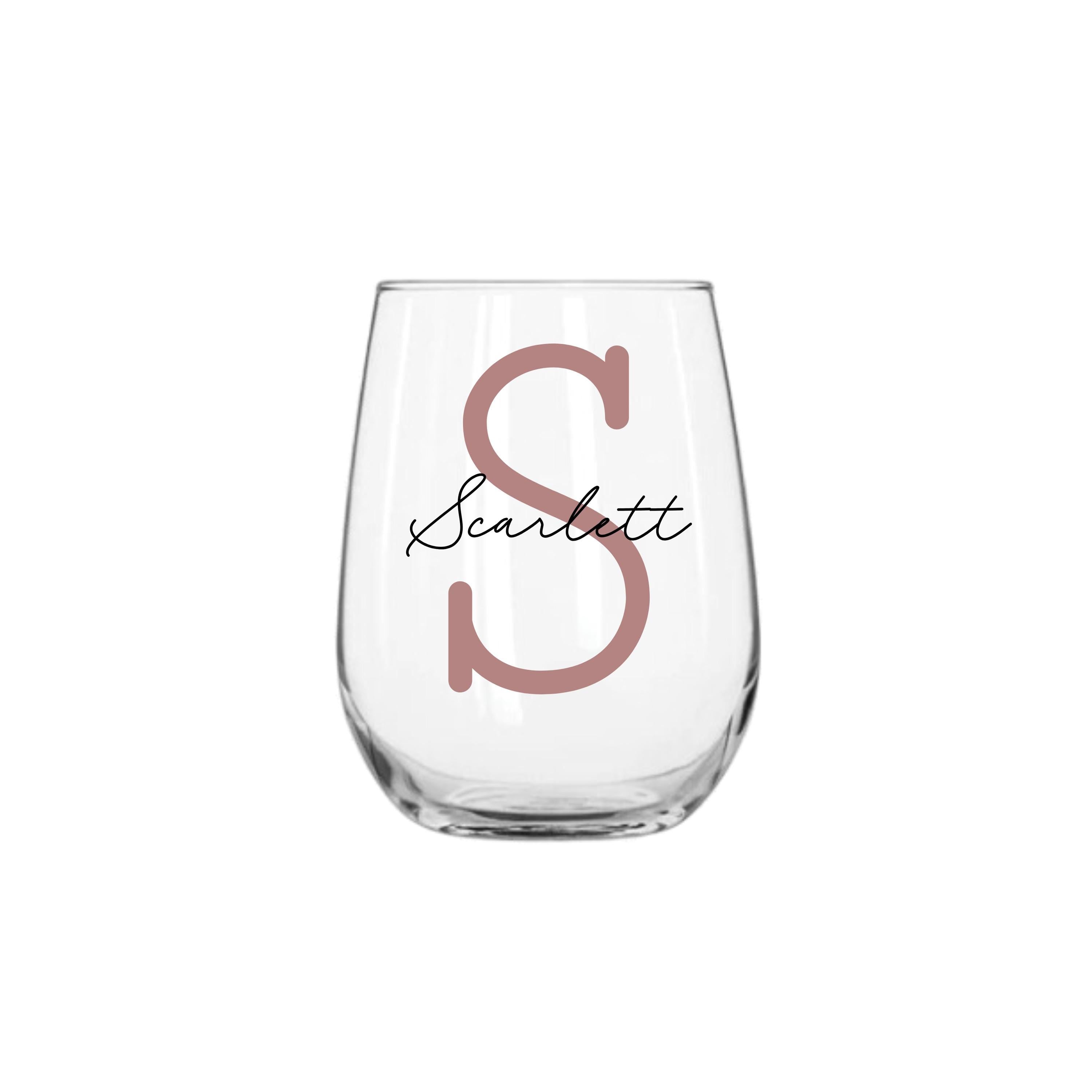 Personalised 360ml stemless wine glass with blush pink letter S and name Scarlett, custom wineglass gift for her, handmade personalised gift Australia