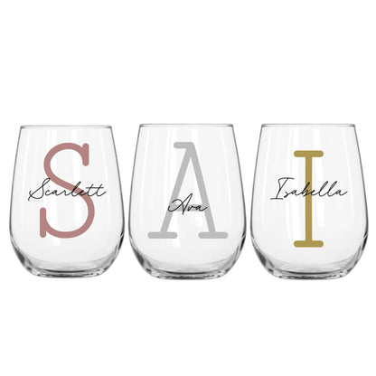Personalised Name and Large Initial 360ml Stemless Wine Glass | Personalised Name and Age Wine Glass | Birthday Milestone | Wedding Gift