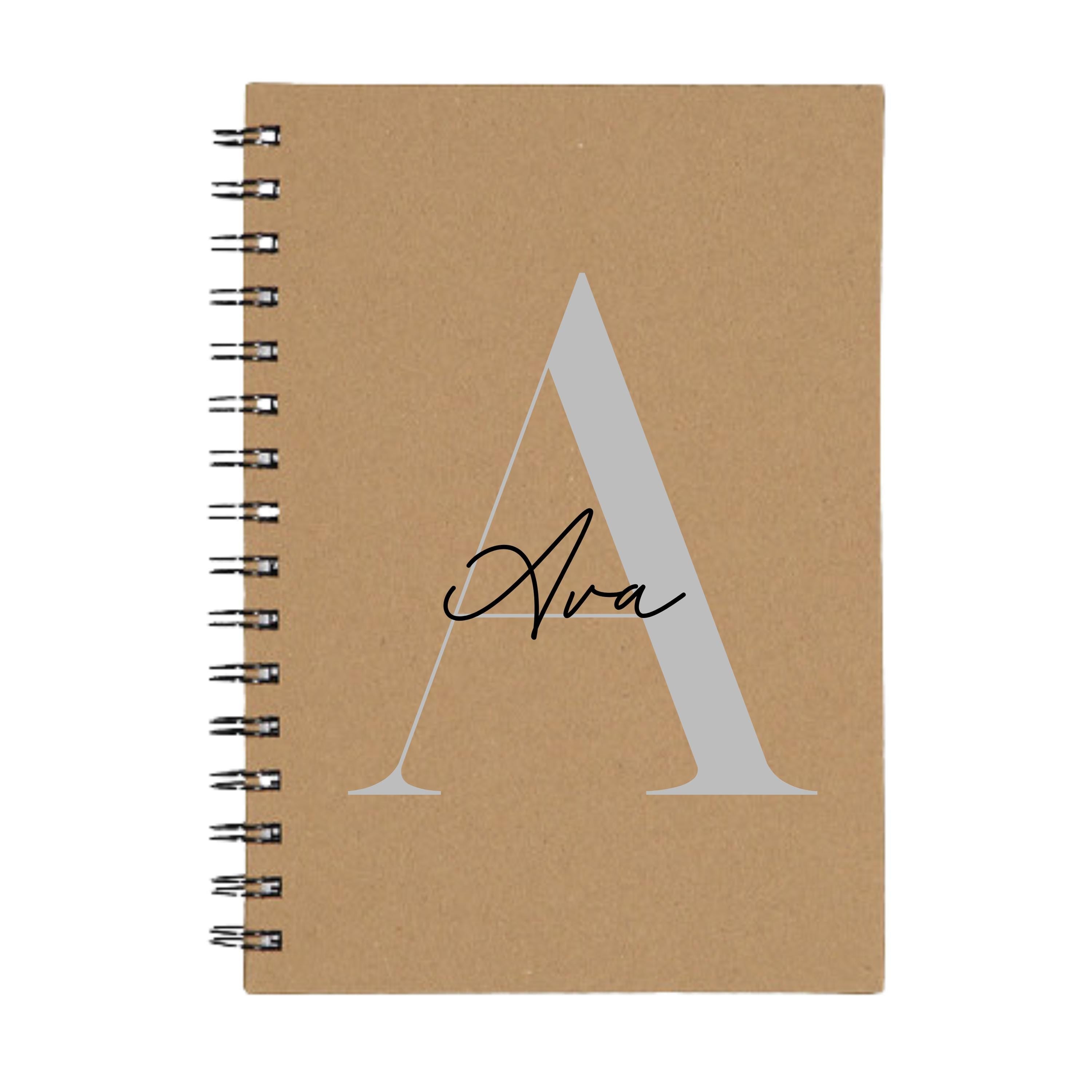 Custom brown kraft A5 spiral notebook with silver A initial and name Ava – personalised journal gift.