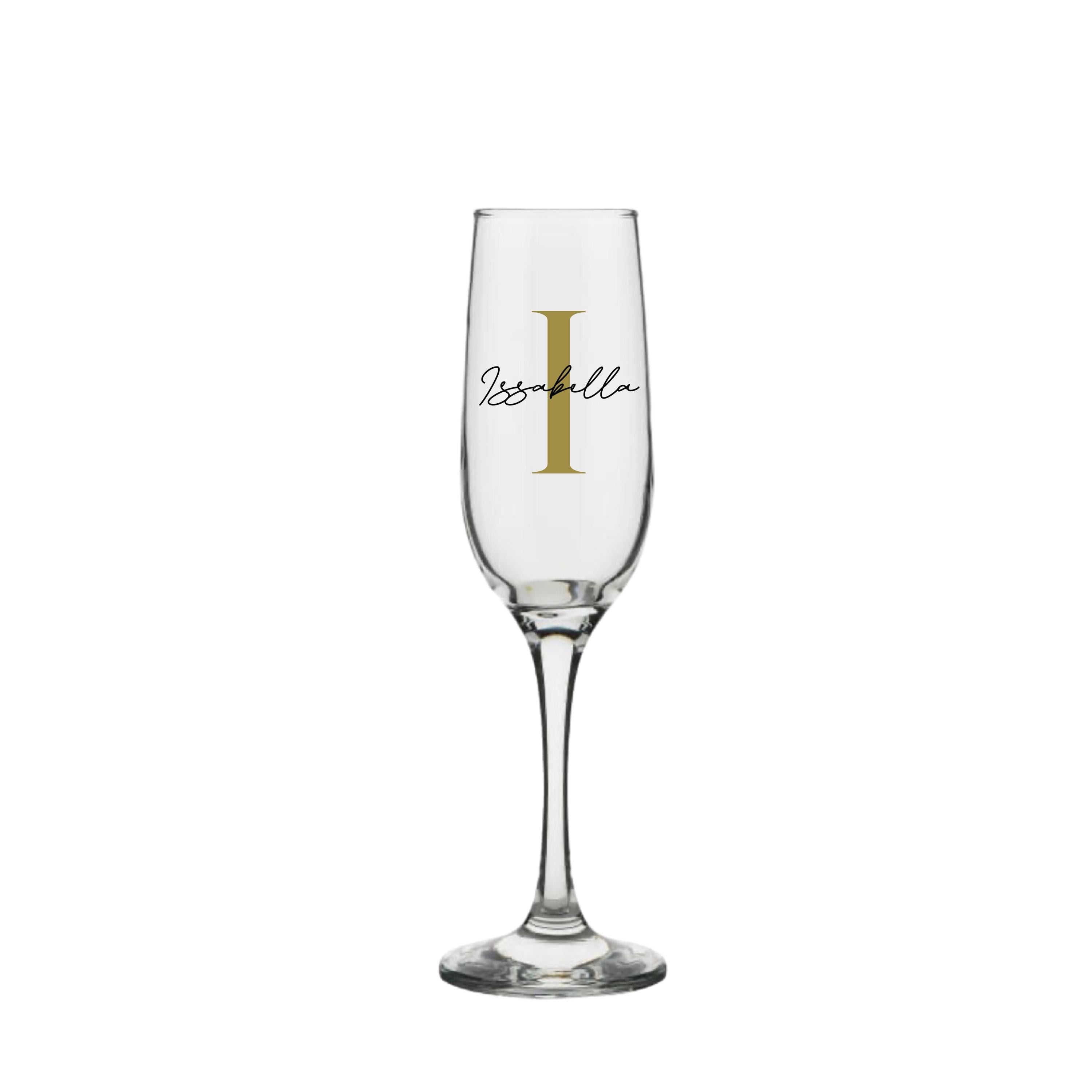 Personalised champagne glass with gold letter I and name Isabella, custom handmade milestone birthday gift for her or him, personalised gift Australia