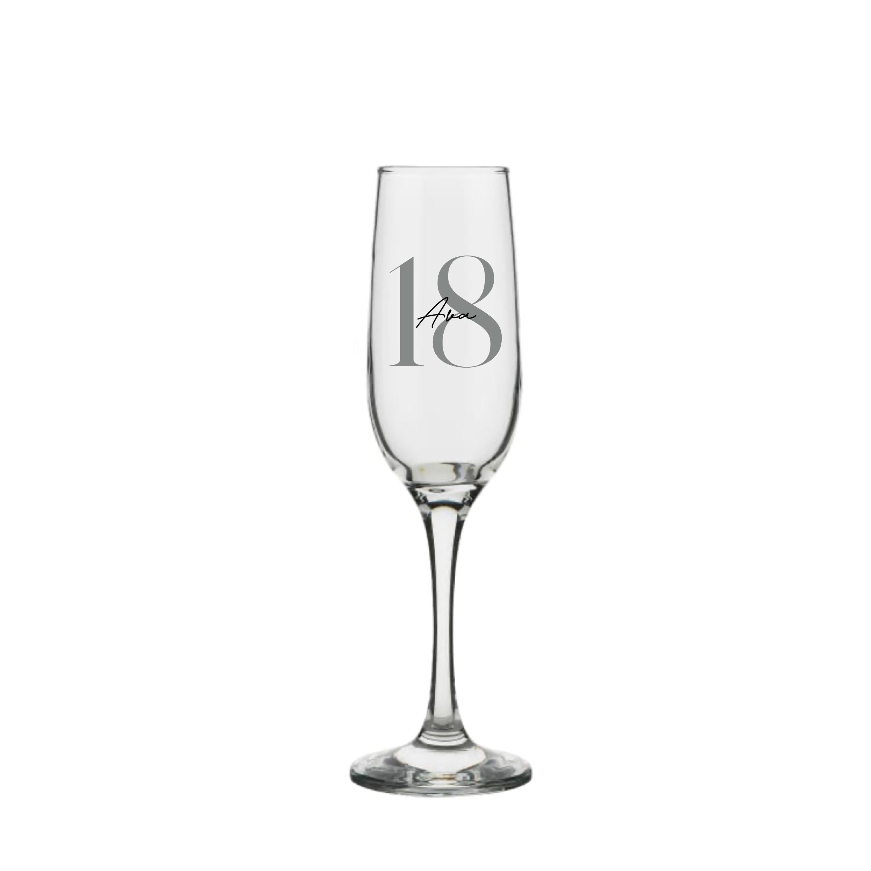 Personalised champagne glass with silver number 18 and name Ava, custom 18th birthday gift for her or him, handmade personalised gift Australia