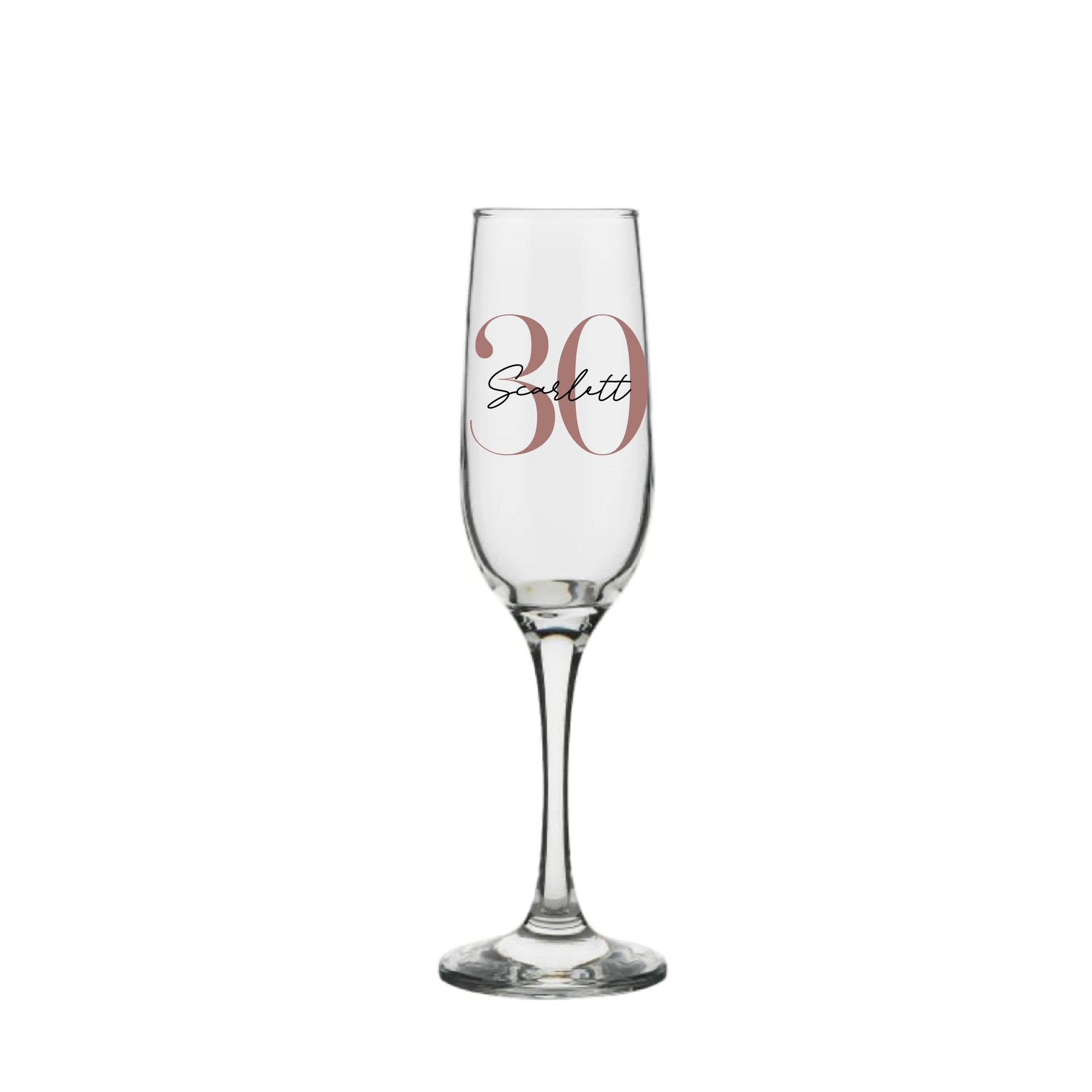 Personalised champagne glass with rose gold number 30 and name Scarlett, custom 30th birthday gift for her or him, handmade personalised gift Australia