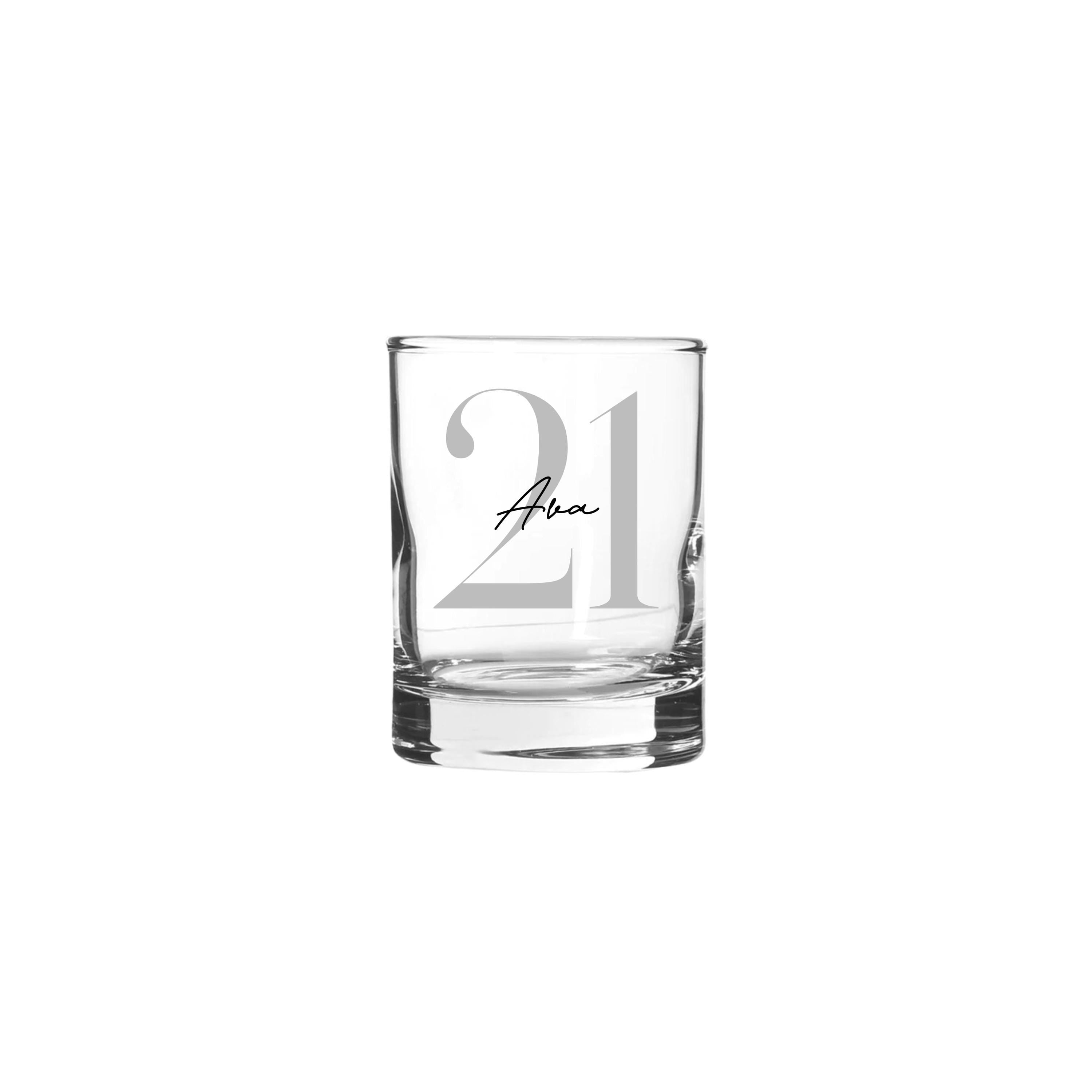 Personalised 65ml shot glass with silver number 21 and name Ava, custom 21st birthday gift for her or him, handmade personalised gift Australia