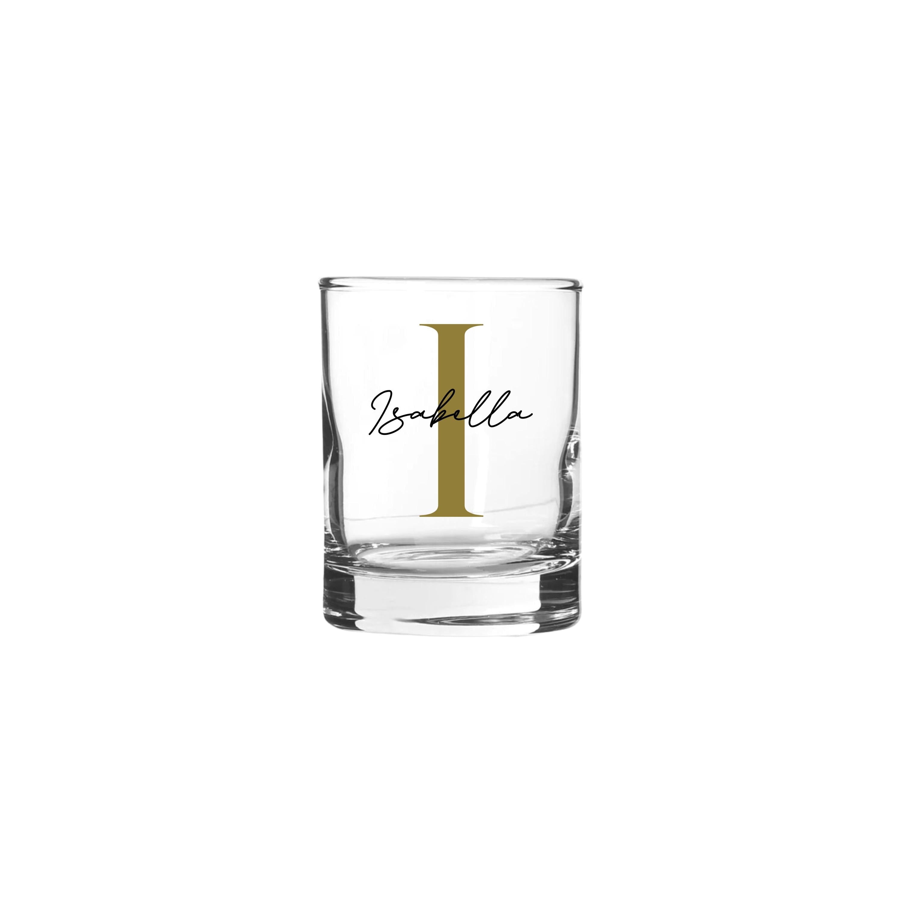 Personalised 65ml shot glass with gold letter I and name Isabella, custom birthday gift for her or him, unique handmade personalised gift Australia