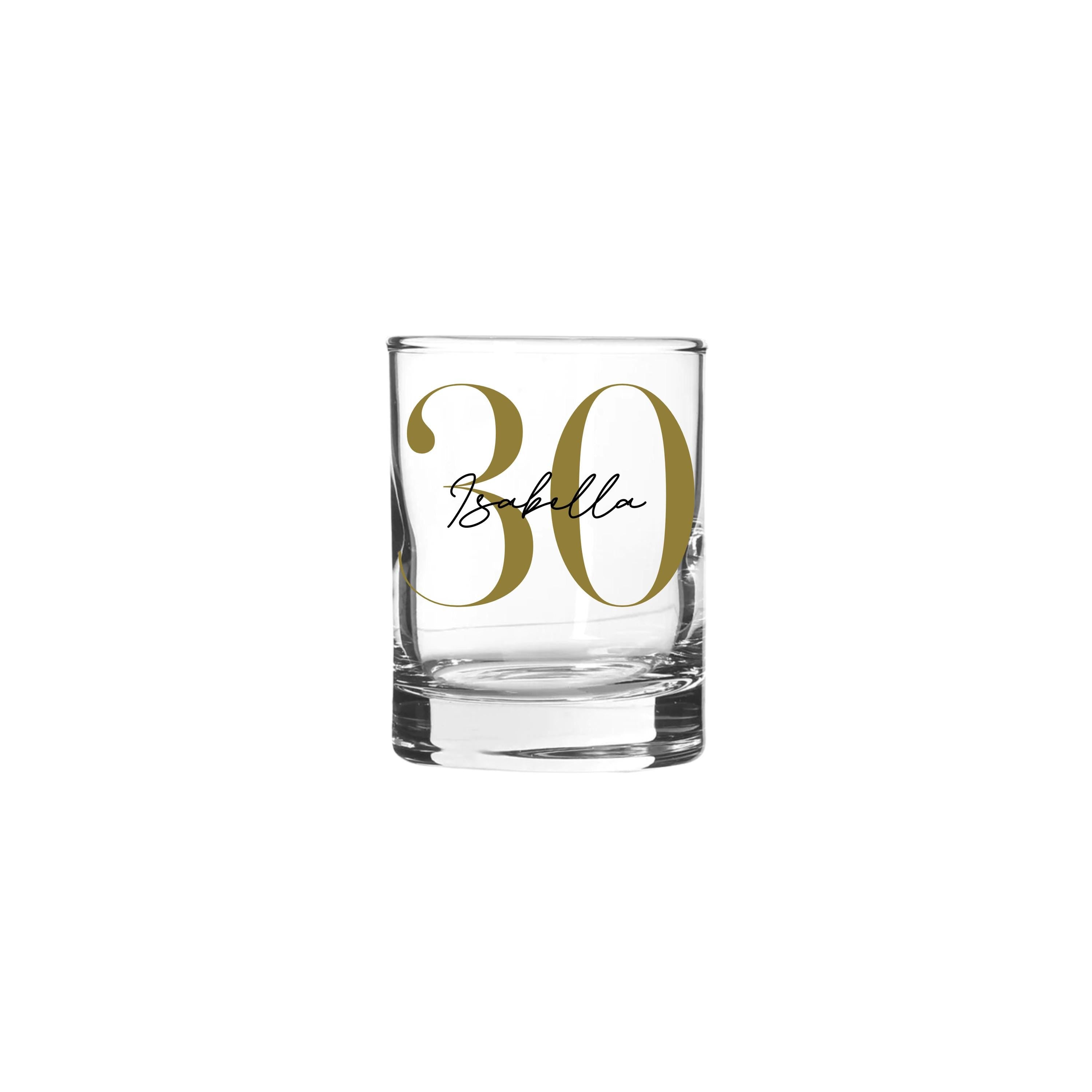  Personalised 65ml shot glass with gold number 30 and name Isabella, custom 30th birthday gift for her or him, unique milestone personalised gift Australia