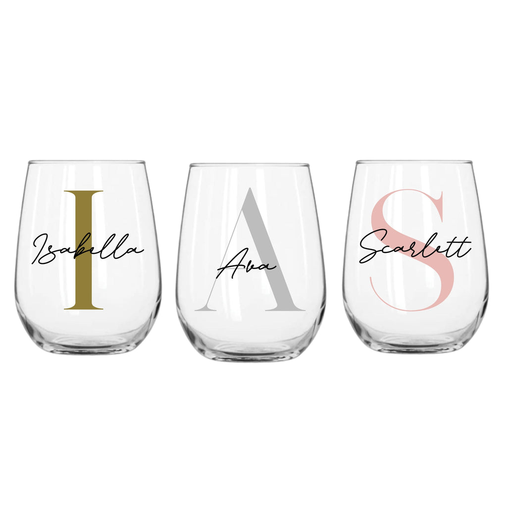 Set of three personalised 360ml stemless wine glasses with names Scarlett, Ava, Isabella, custom birthday gifts for her or him, personalised wineglass Australia