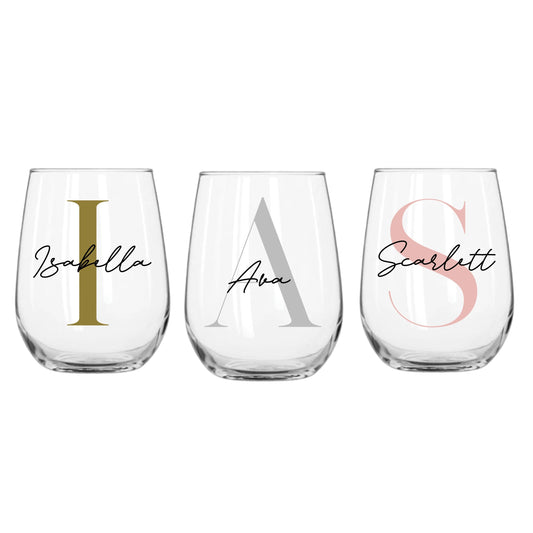 Personalised Name and Large Initial 475ml Stemless Wine Glass | Personalised Name and Age Wine Glass | Birthday Milestone | Wedding Gift