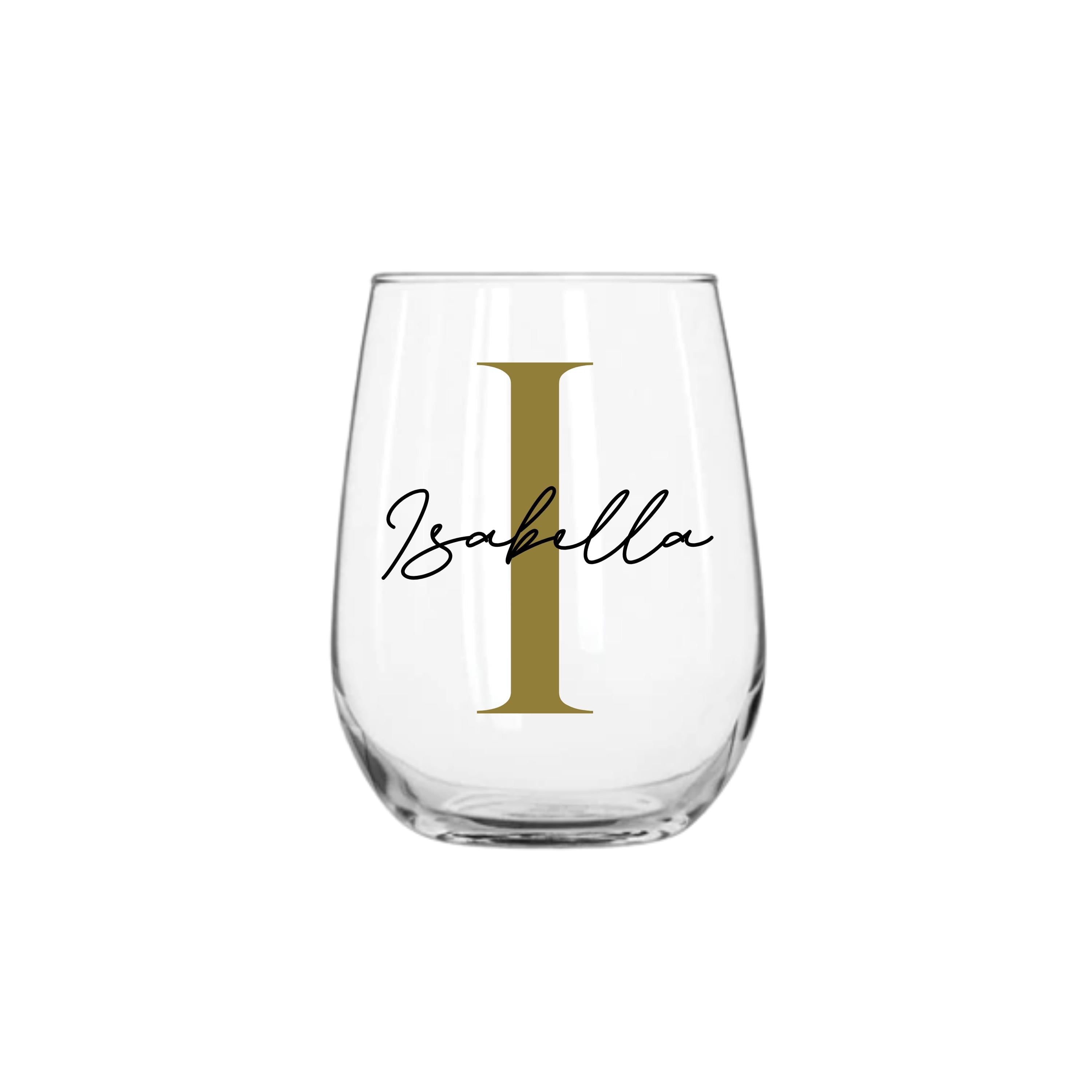 Personalised handmade 475ml stemless wine glass with gold letter I and name Isabella, perfect wineglass gift for her, personalised gift Australia
