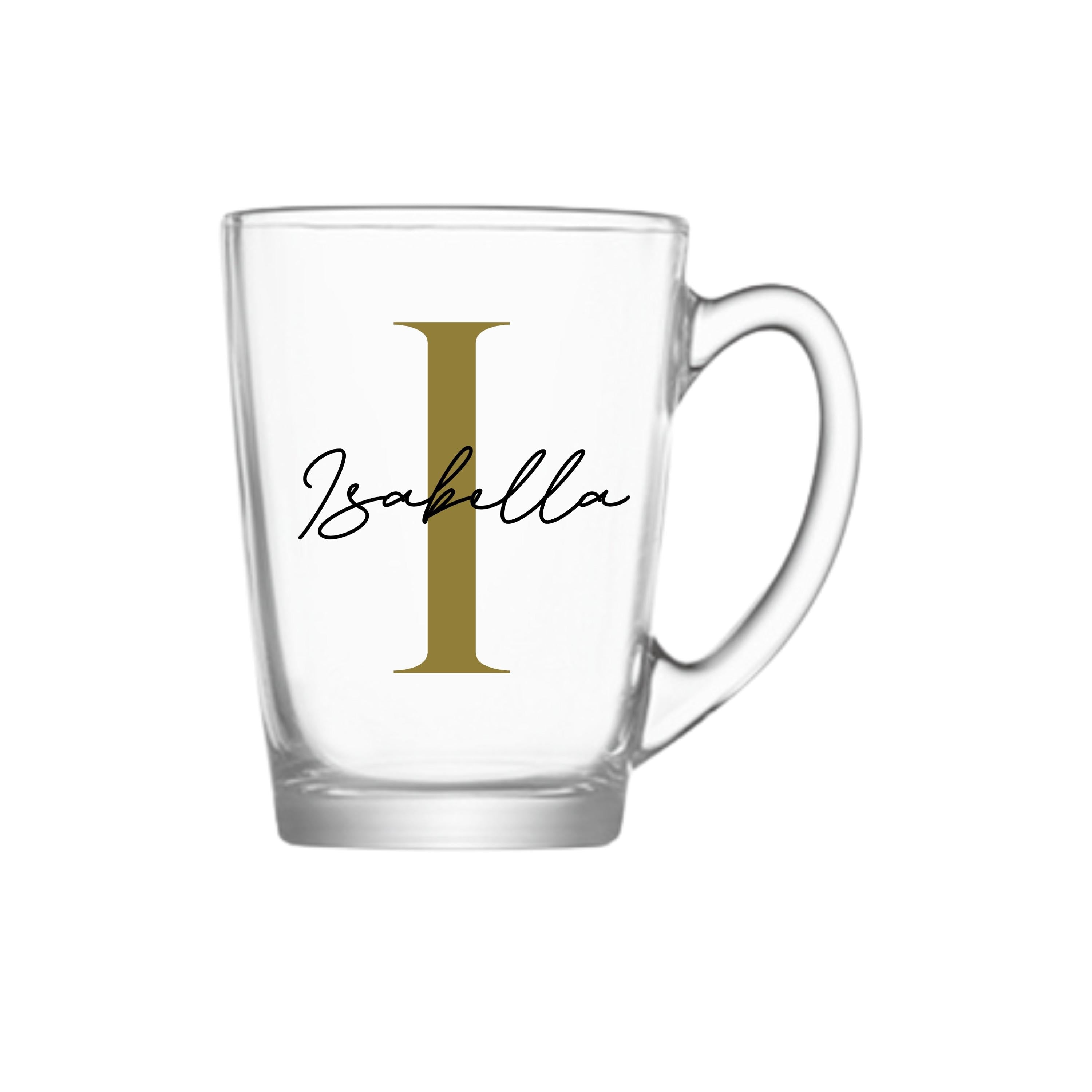 Personalised glass mug with silver letter A and name Ava, custom birthday gift for her or him, handmade personalised gift Australia